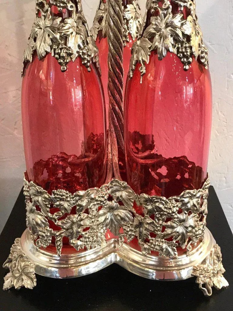 19th Century English Silver Plate and Cranberry Glass Three-Bottle Tauntless - 10