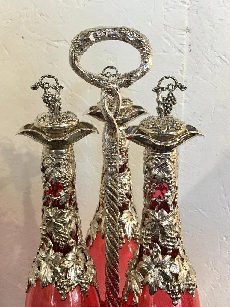 19th Century English Silver Plate and Cranberry Glass Three-Bottle Tauntless - 11