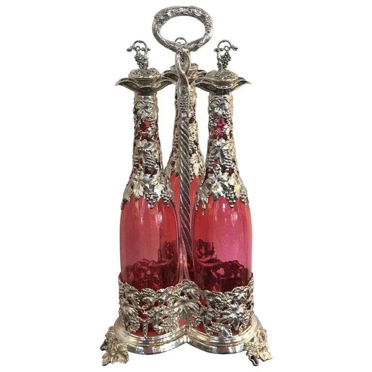 19th Century English Silver Plate and Cranberry Glass Three-Bottle Tauntless - 13