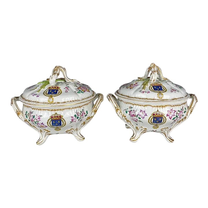 French Hand Painted Faience Porcelain Soup Tureens Signed Veuve Perrin-A Pair (1 of 12)