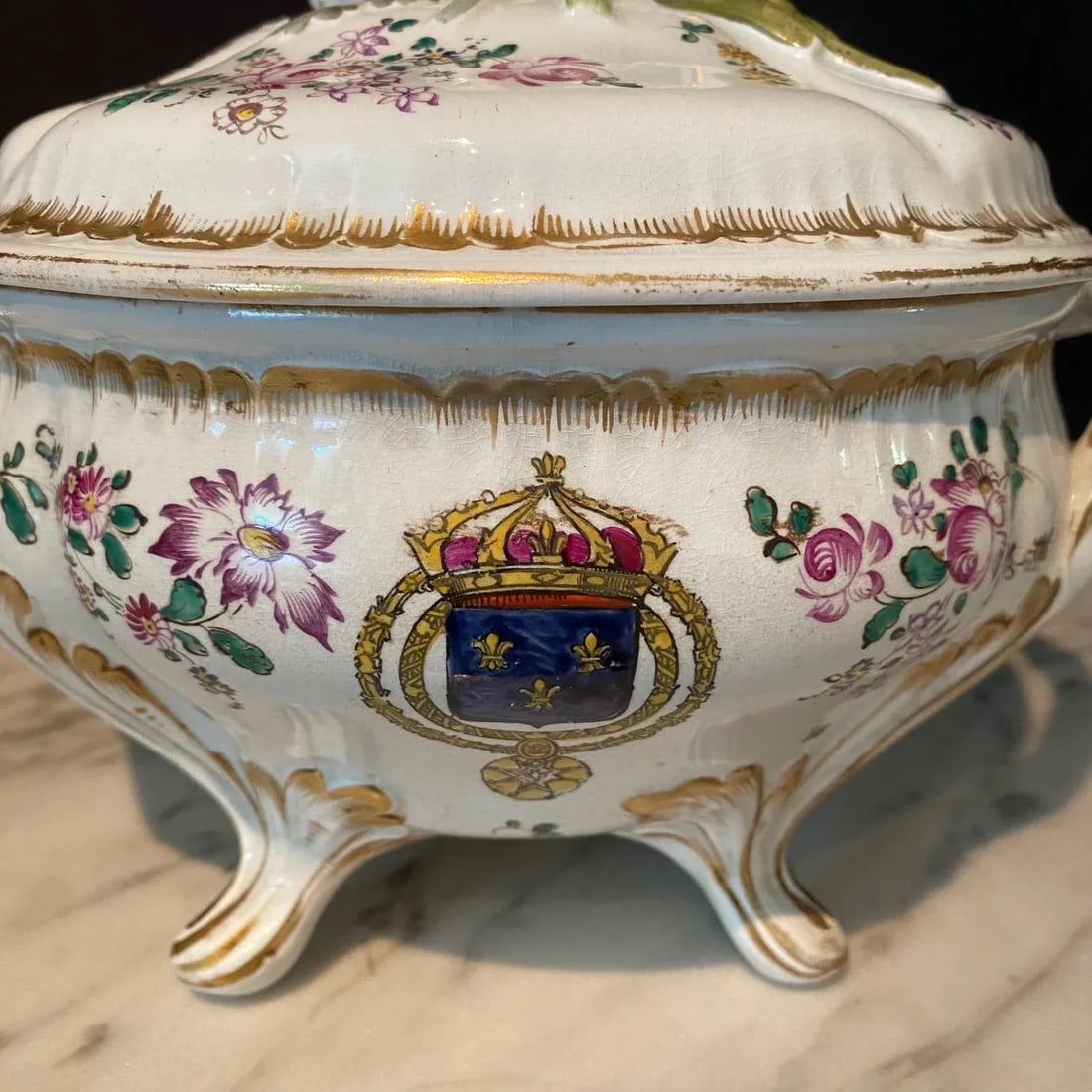 French Hand Painted Faience Porcelain Soup Tureens Signed Veuve Perrin-A Pair - 3