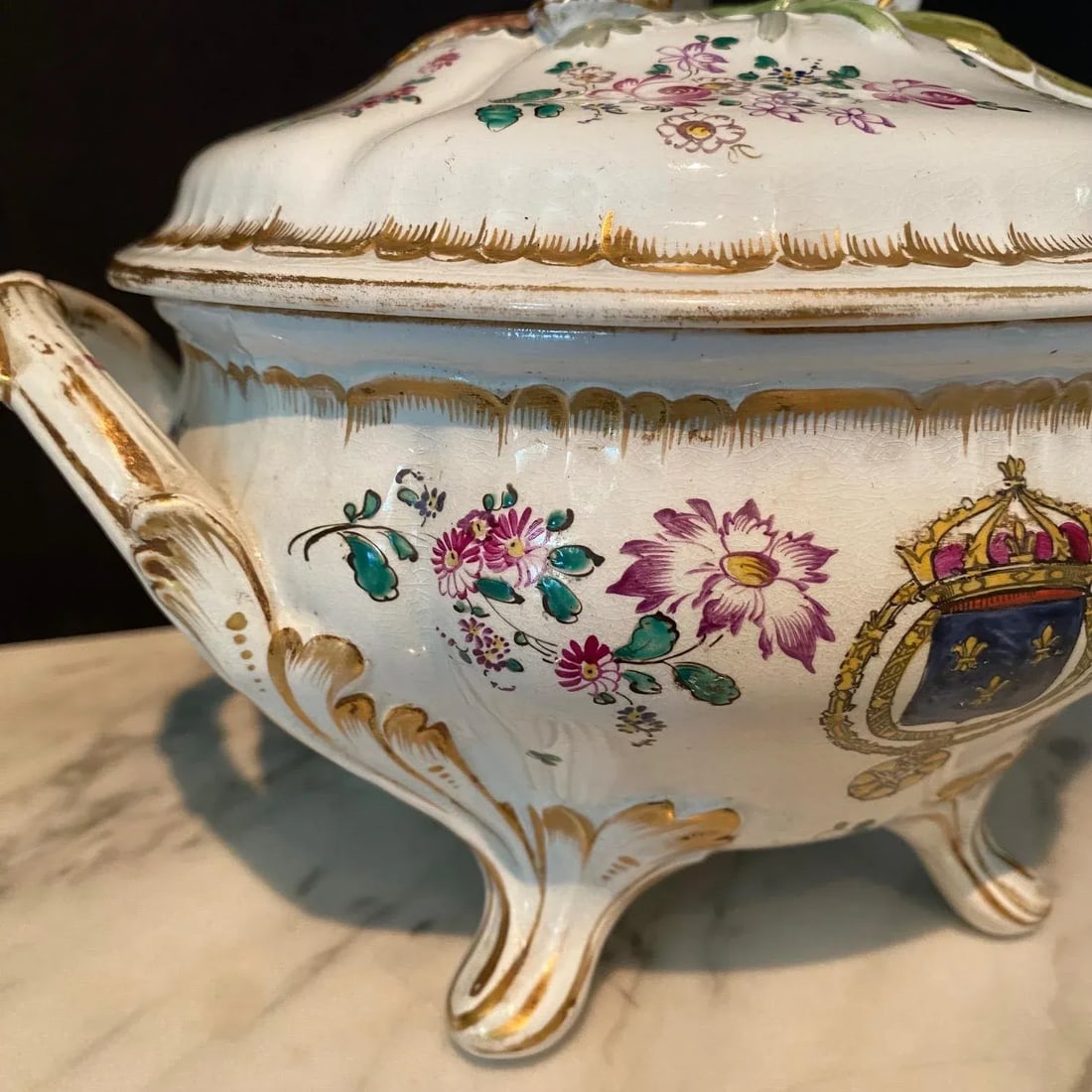 French Hand Painted Faience Porcelain Soup Tureens Signed Veuve Perrin-A Pair - 6