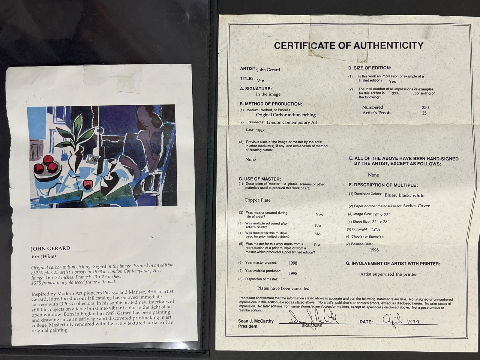 Signed and Numbered John Gerard Etching With Certificate of Authenticity C1998 - 9