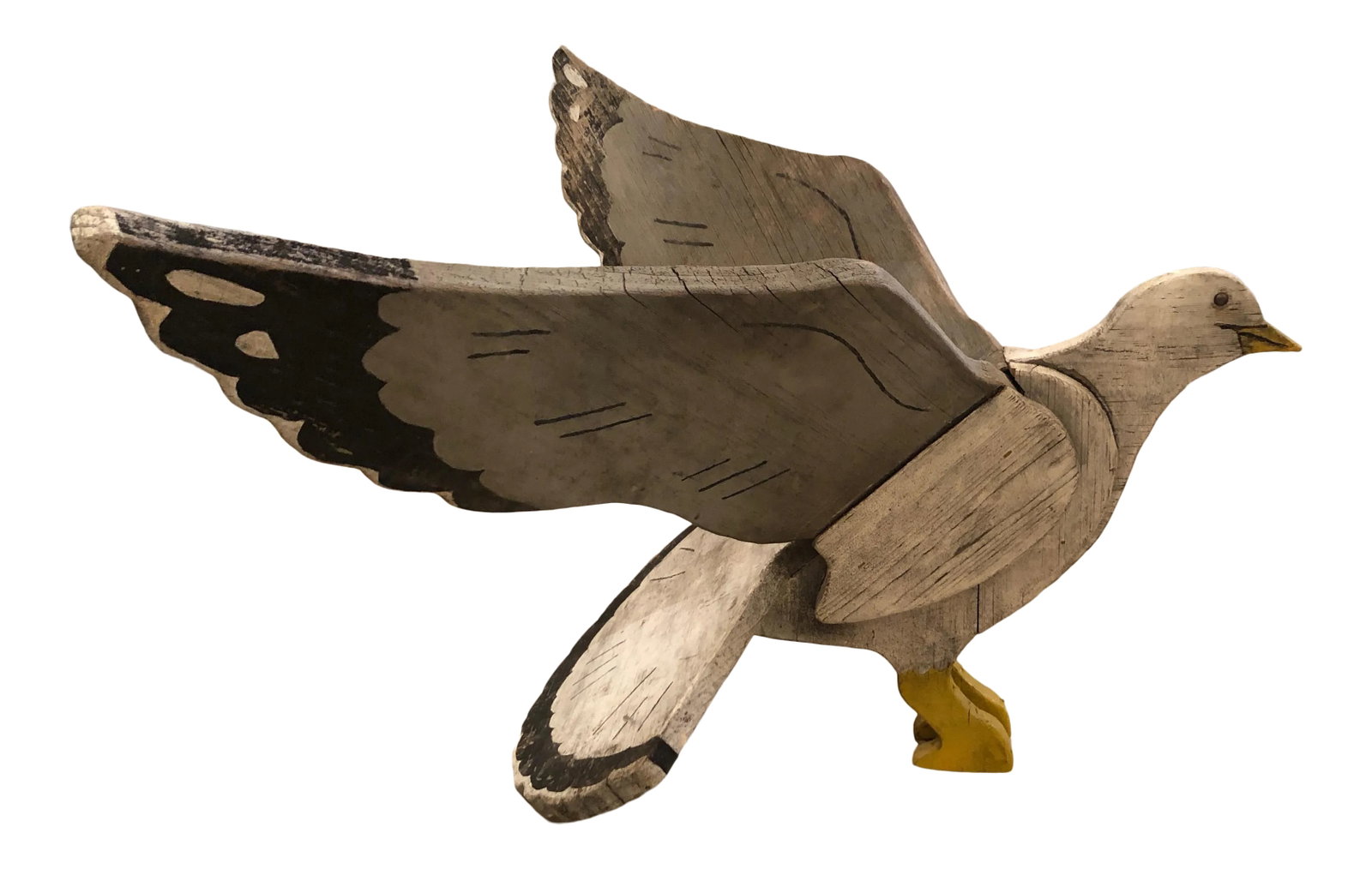 1950s Vintage Nantucket Hand Carved & Painted Folk Art Seagull Sculpture: A wonderful folk art carved and hand painted wooden seagull on base having an authentic weathered patina and faded grey, black and yellow color palette. Condition: Alterations: Original Condition