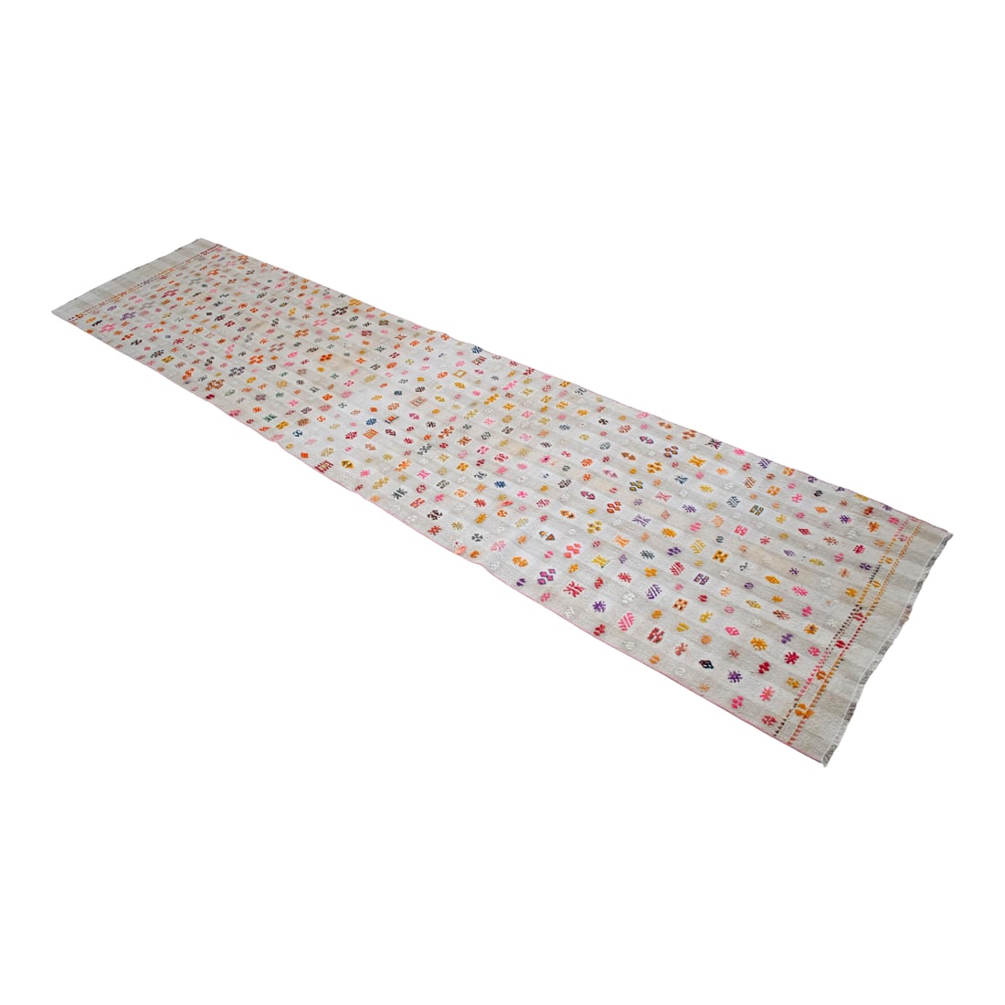 Vintage Handmade Turkish Kilim Runner Rug - Cotton Embroidery Hallway Decor Kitchen Decor- 2"²: Handwoven in the Oushak region of Western Turkey in the 1960s, this slender village kilim runner was woven on a family loom with a fine wool-on-cotton ground and then densely embroidered with