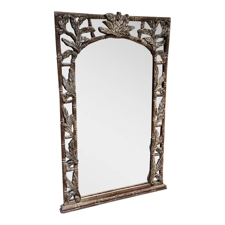 1960s Wall Mirror Hand Carved Faux Bamboo Style of Vivai Del Sud: For your consideration, a mid-century rectangular wall mirror. Original hand-carved wood frame. Faux bamboo leaf ornamentation. Unmarked. In the style of Vivai del Sud Italy. Dimensions: 46.13" H x
