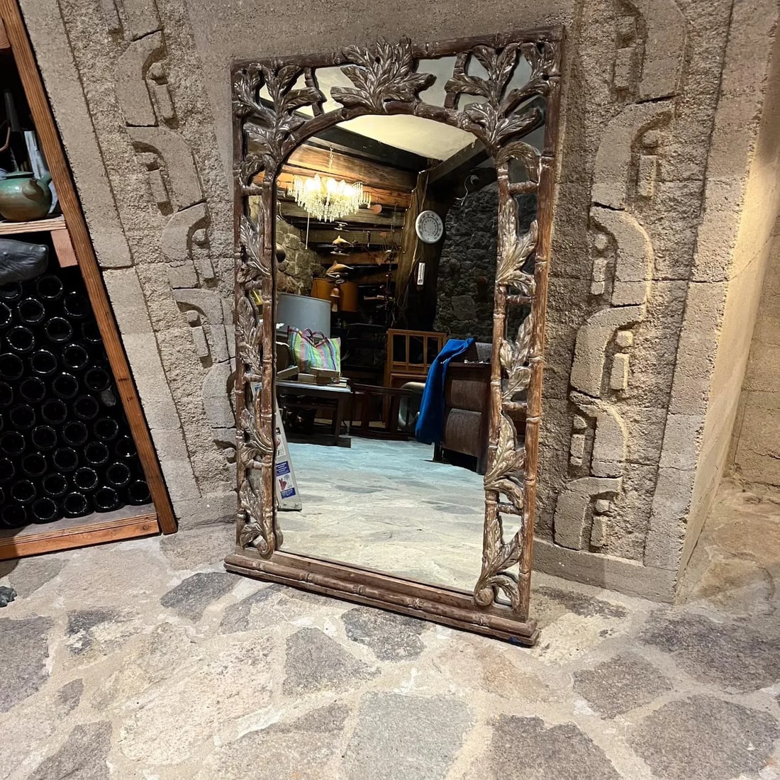 1960s Wall Mirror Hand Carved Faux Bamboo Style of Vivai Del Sud - 4