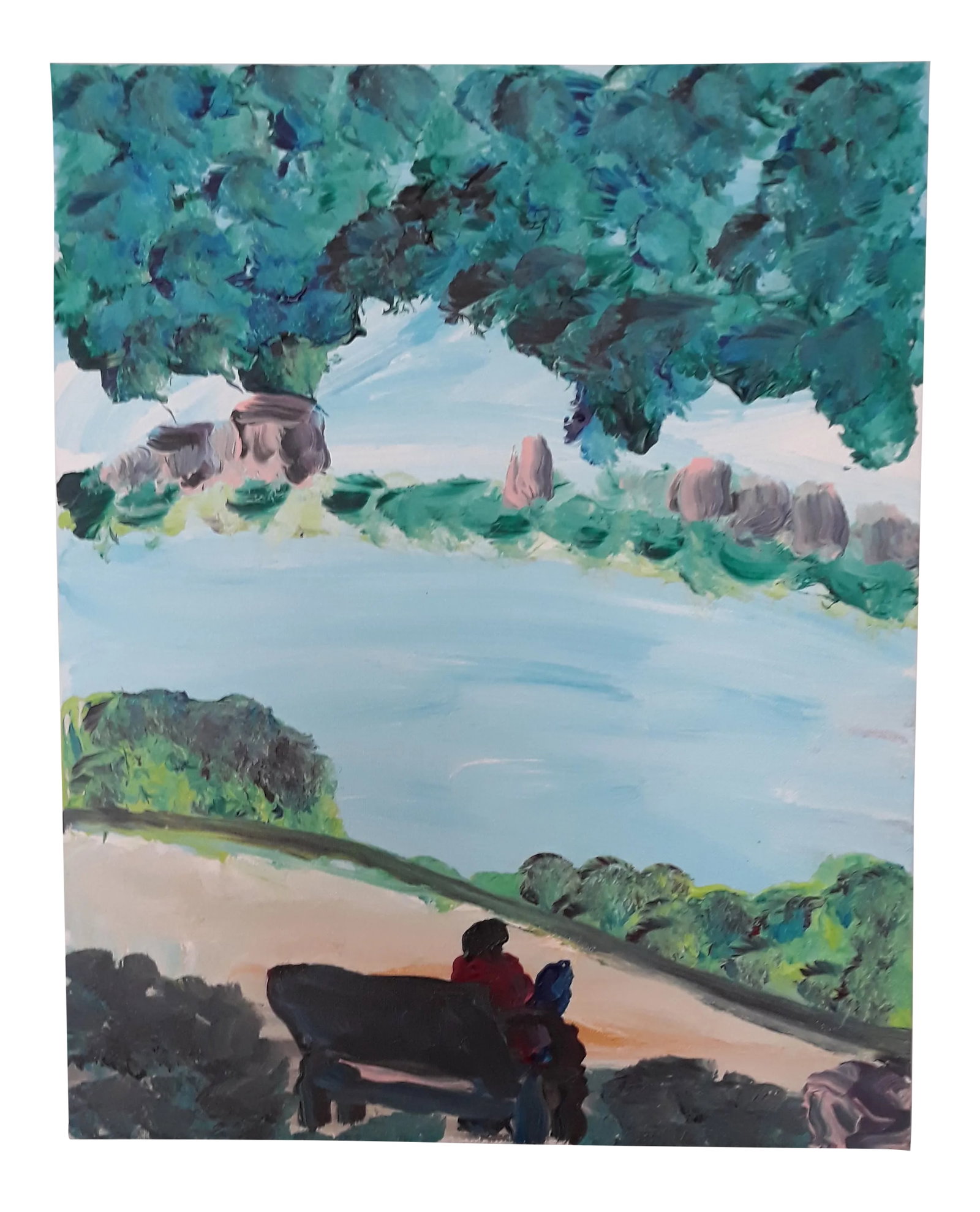 Robert Sundholm "Couple on Bench at the Hudson" Painting. Outside Art: Acrylic on canvas landscape by contemporary New Jersey artist Robert Sundholm who was named one of the Top 10 Standouts at the New York City's world renown Outsider Art Fair in January 2017 by no