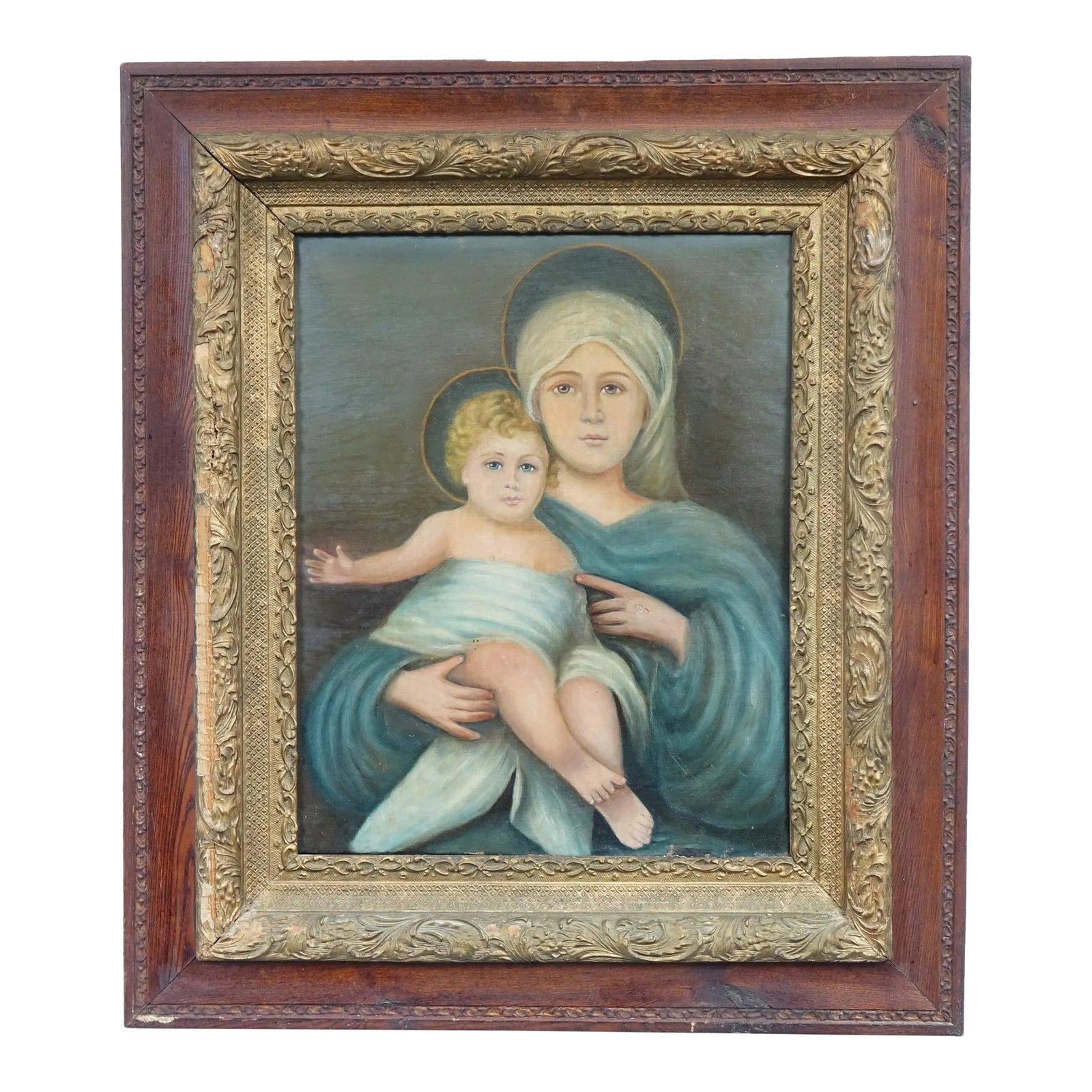 19th Century European School Madonna and the Baby – Original Oil Painting on Canvas: This exquisite 19th-century oil painting beautifully captures the serene bond between Madonna and Child. The Madonna lovingly cradles the baby, both adorned with delicate bonnet-type hats that add a t