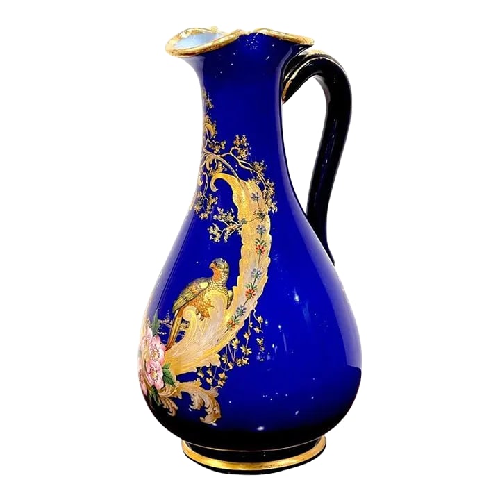 19th Century Magnificent French Cobalt Gilt Enameled Ewer, Bird of Paradise in Landscape: Magnificent French Cobalt Gilt Enameled Ewer, Bird of Paradise in Landscape Paris, France, 1870s This French cobalt gilt enameled ewer from the 1870s is truly magnificent in its design and