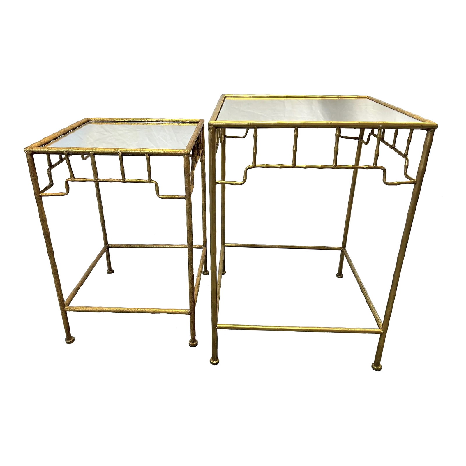 Vintage French Hollywood Regency Style Metal Bamboo-Look Stacking Tables With Mirror Tops- a Pair (1 of 12)