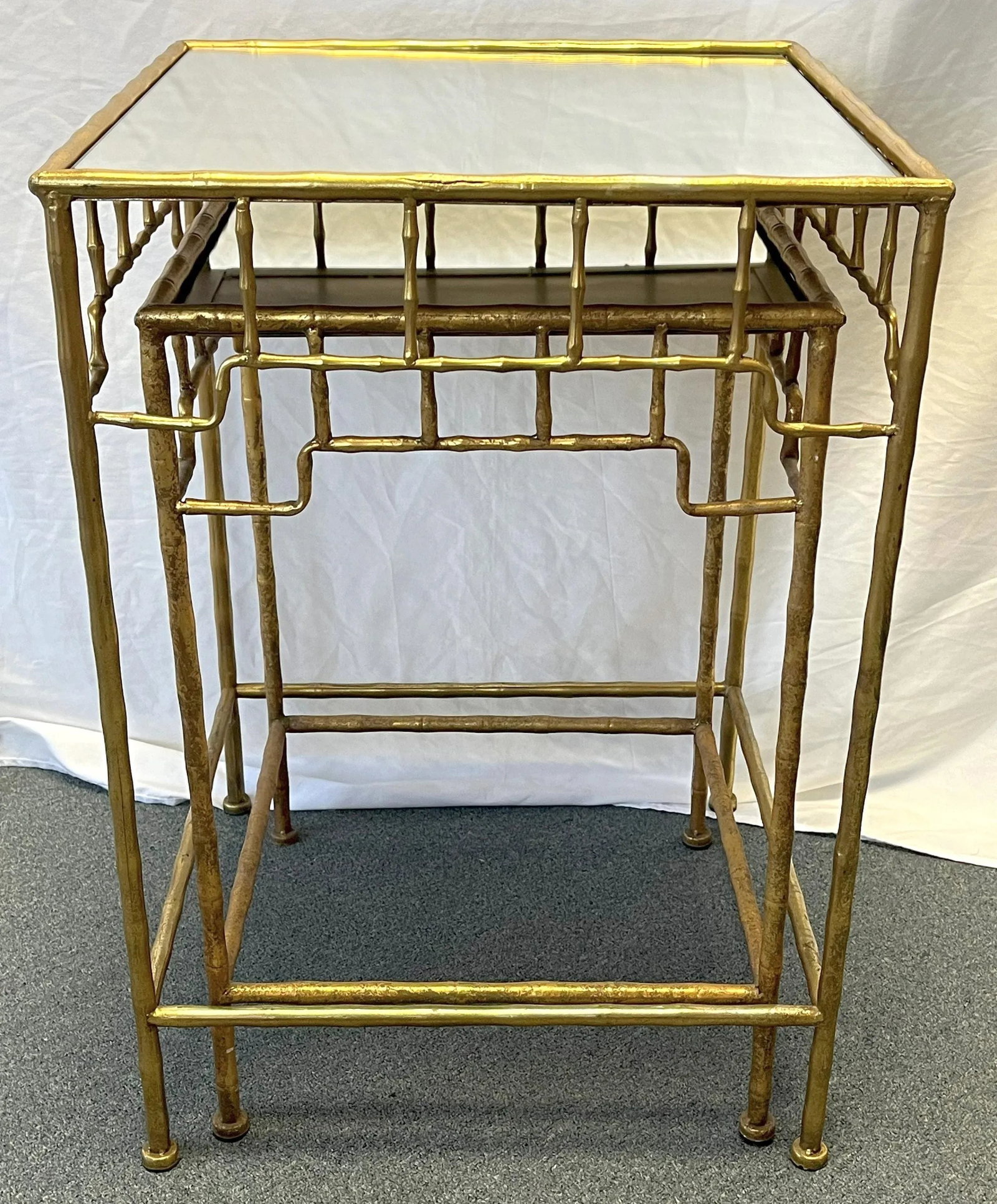 Vintage French Hollywood Regency Style Metal Bamboo-Look Stacking Tables With Mirror Tops- a Pair - 2