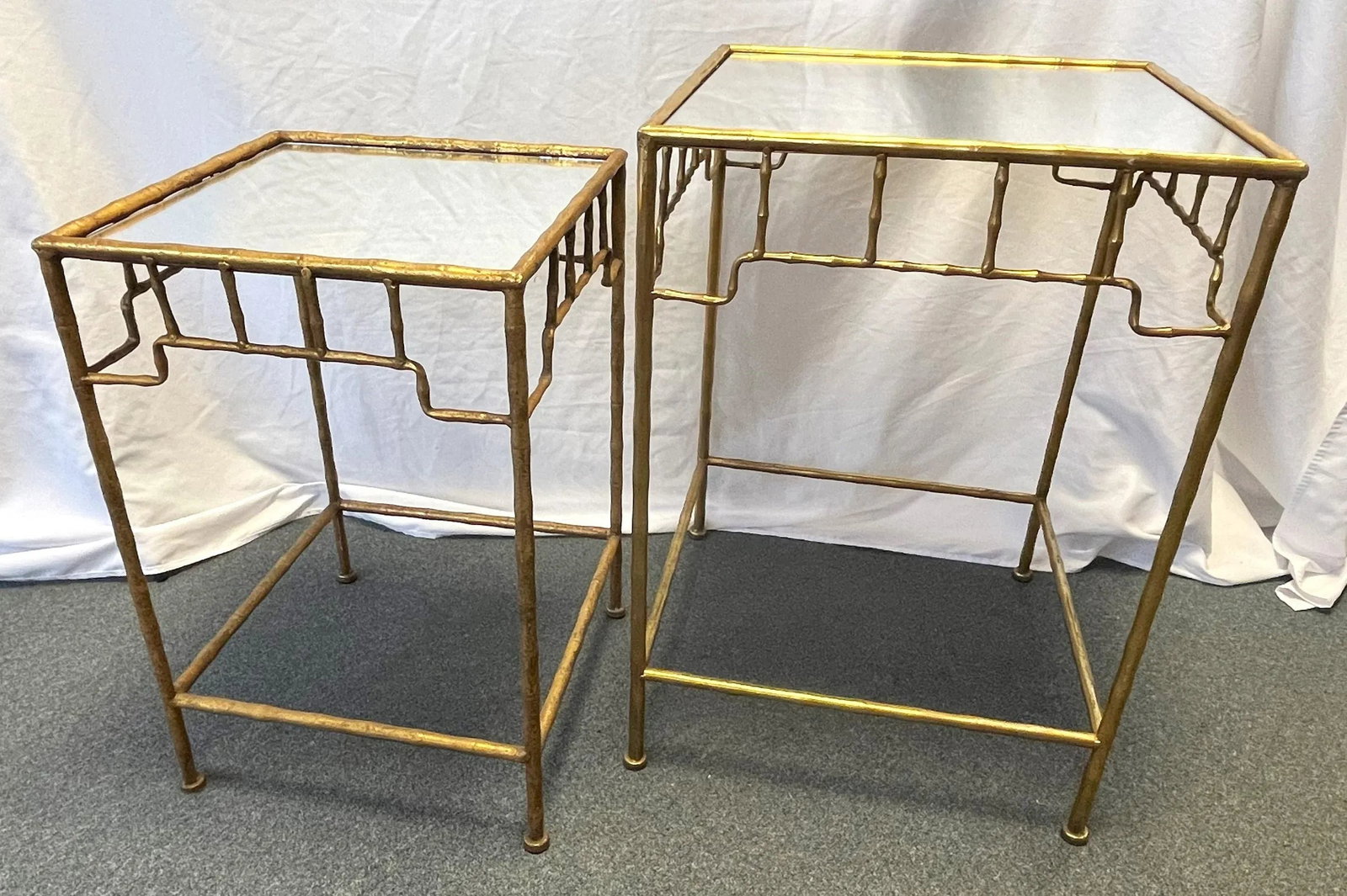 Vintage French Hollywood Regency Style Metal Bamboo-Look Stacking Tables With Mirror Tops- a Pair - 3