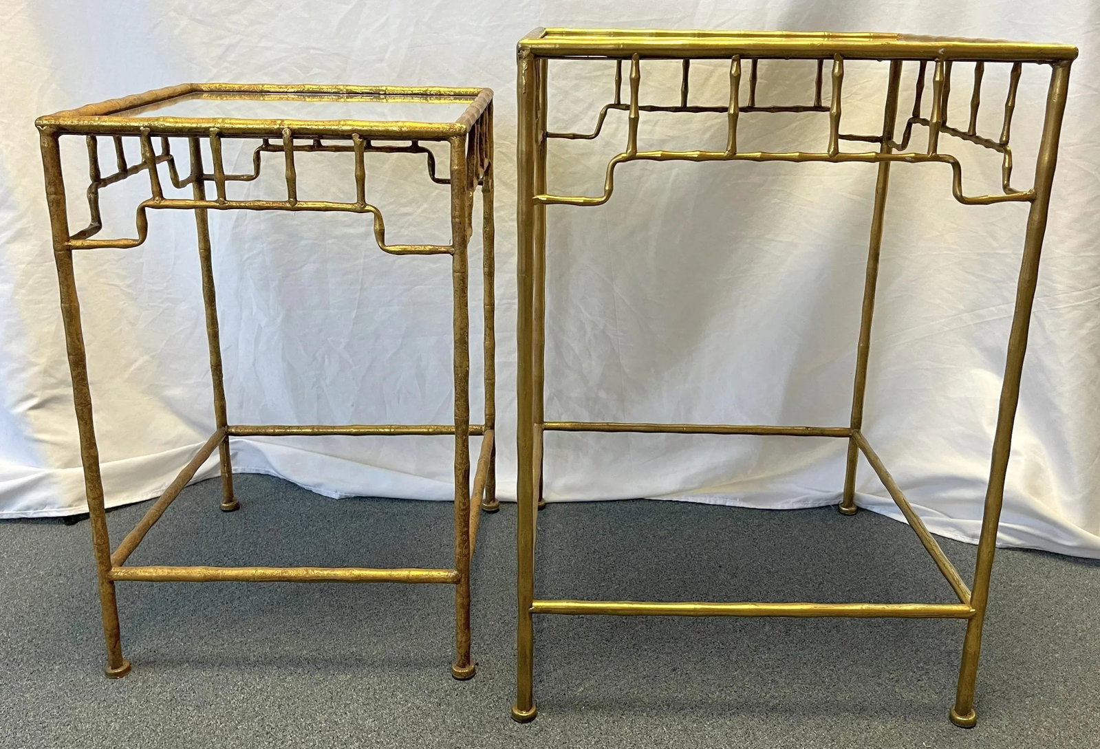 Vintage French Hollywood Regency Style Metal Bamboo-Look Stacking Tables With Mirror Tops- a Pair - 4