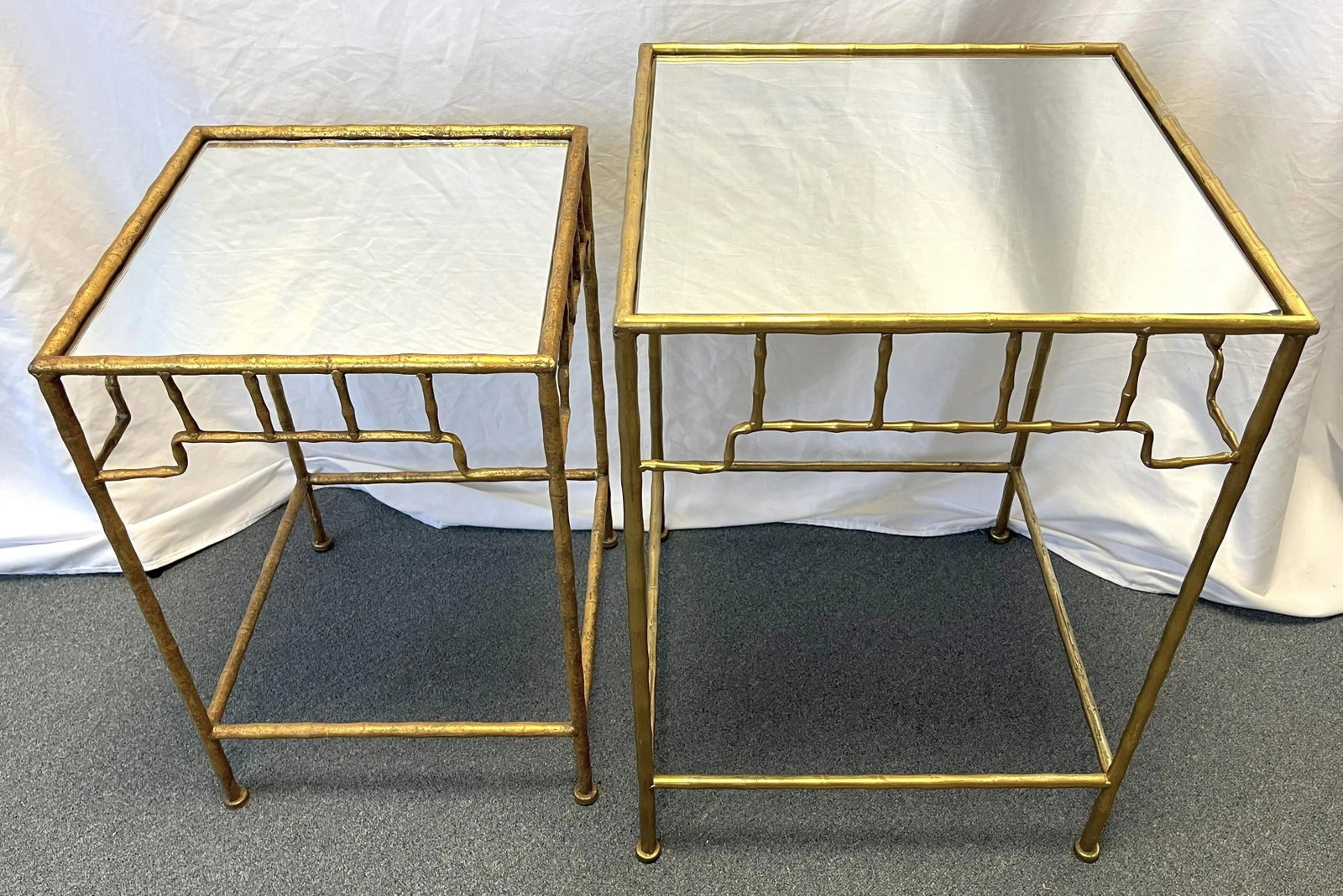 Vintage French Hollywood Regency Style Metal Bamboo-Look Stacking Tables With Mirror Tops- a Pair - 5
