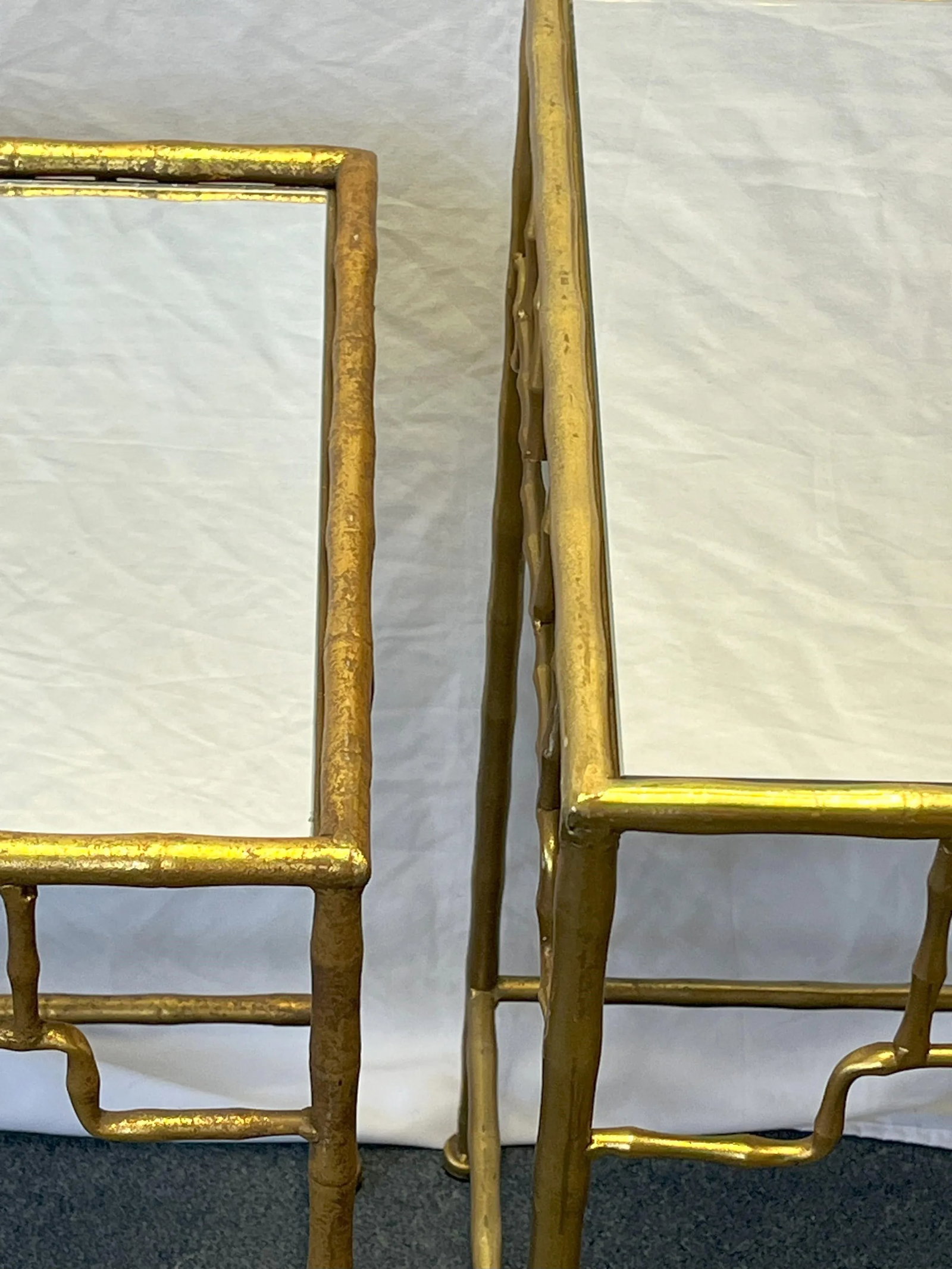 Vintage French Hollywood Regency Style Metal Bamboo-Look Stacking Tables With Mirror Tops- a Pair - 6