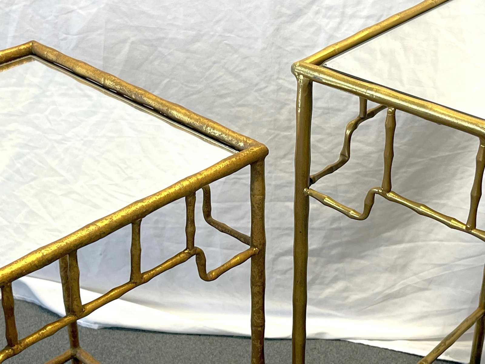 Vintage French Hollywood Regency Style Metal Bamboo-Look Stacking Tables With Mirror Tops- a Pair - 7