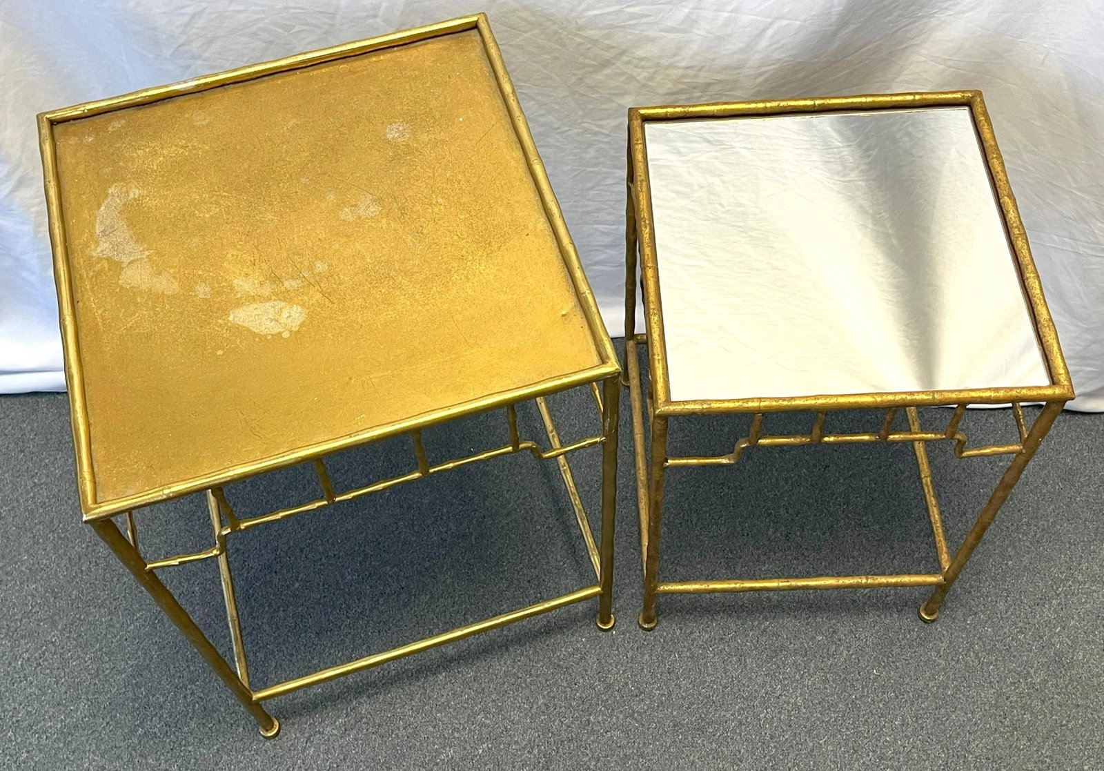 Vintage French Hollywood Regency Style Metal Bamboo-Look Stacking Tables With Mirror Tops- a Pair - 9