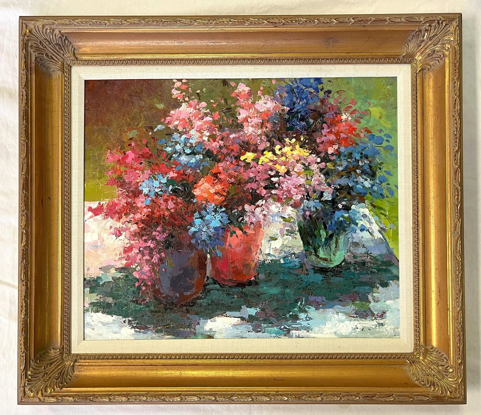 Original Signed and Framed Impressionist Flowers Oil Painting on Canvas - 2