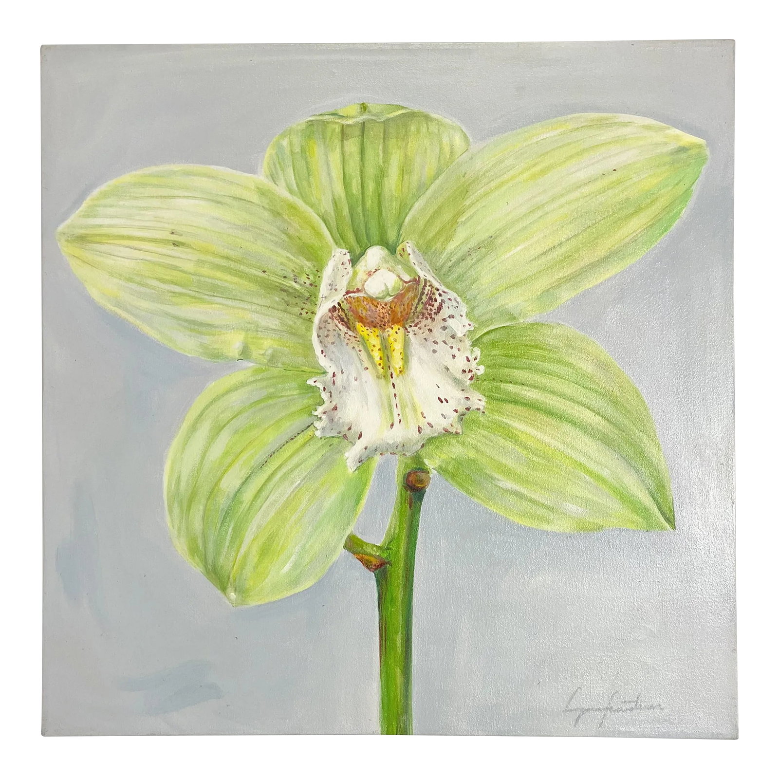 Original Signed Oil Painting on Canvas Styled After Lowell Nesbitt: Colorful original oil painting on canvas signed illegibly in the lower right corner. It's executed in the Lowell Nesbitt style with a bright photorealistic design. It depicts a vibrant oversized