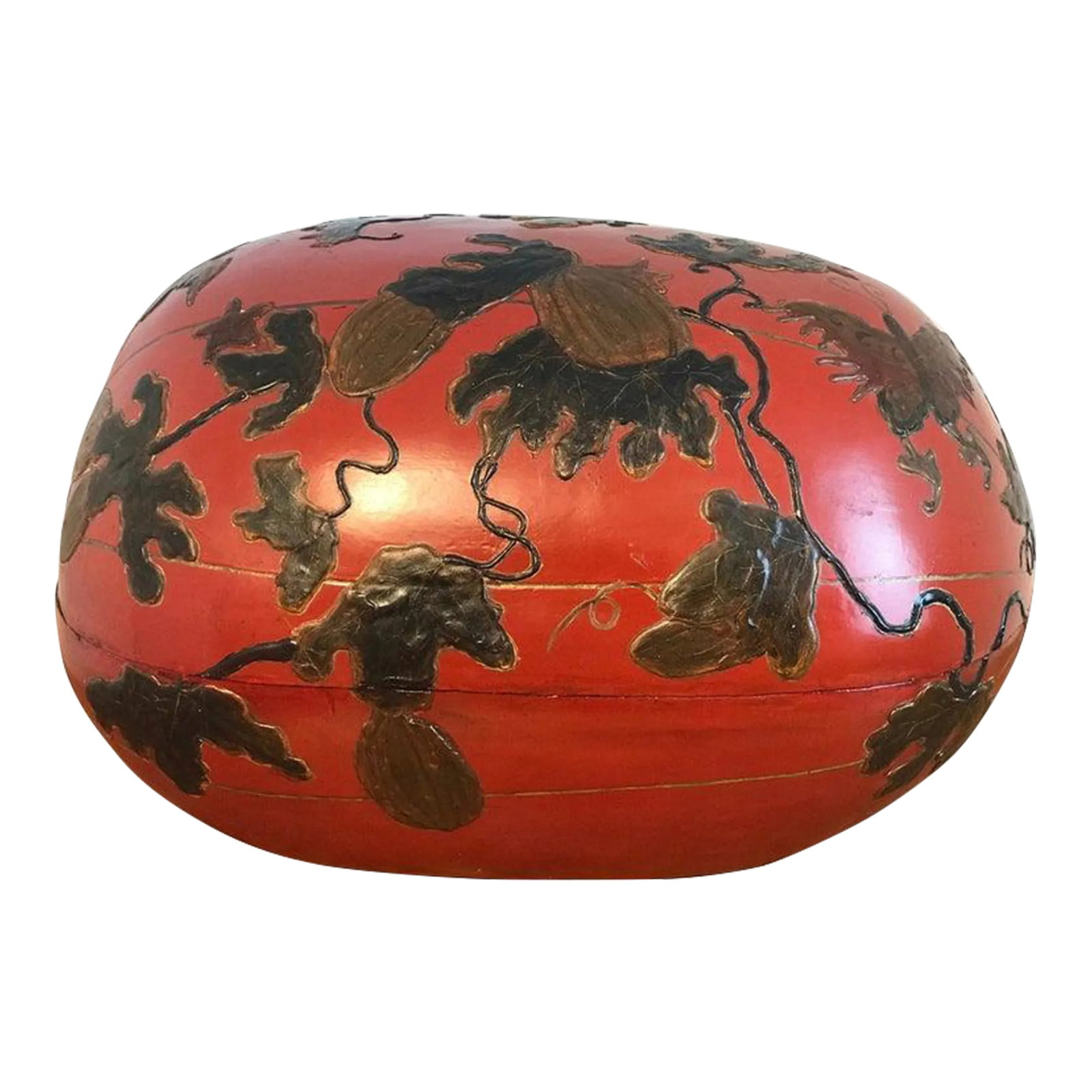 Early 20th Century Huge Japanese Red Lacquerware Gourd Motif Box: Huge Japanese red lacquerware gourd motif box, decorated in relief with Japanese gourds suspended from leafy branches and scrolling vines. Condition: Alterations: Unknown Imperfections: Some