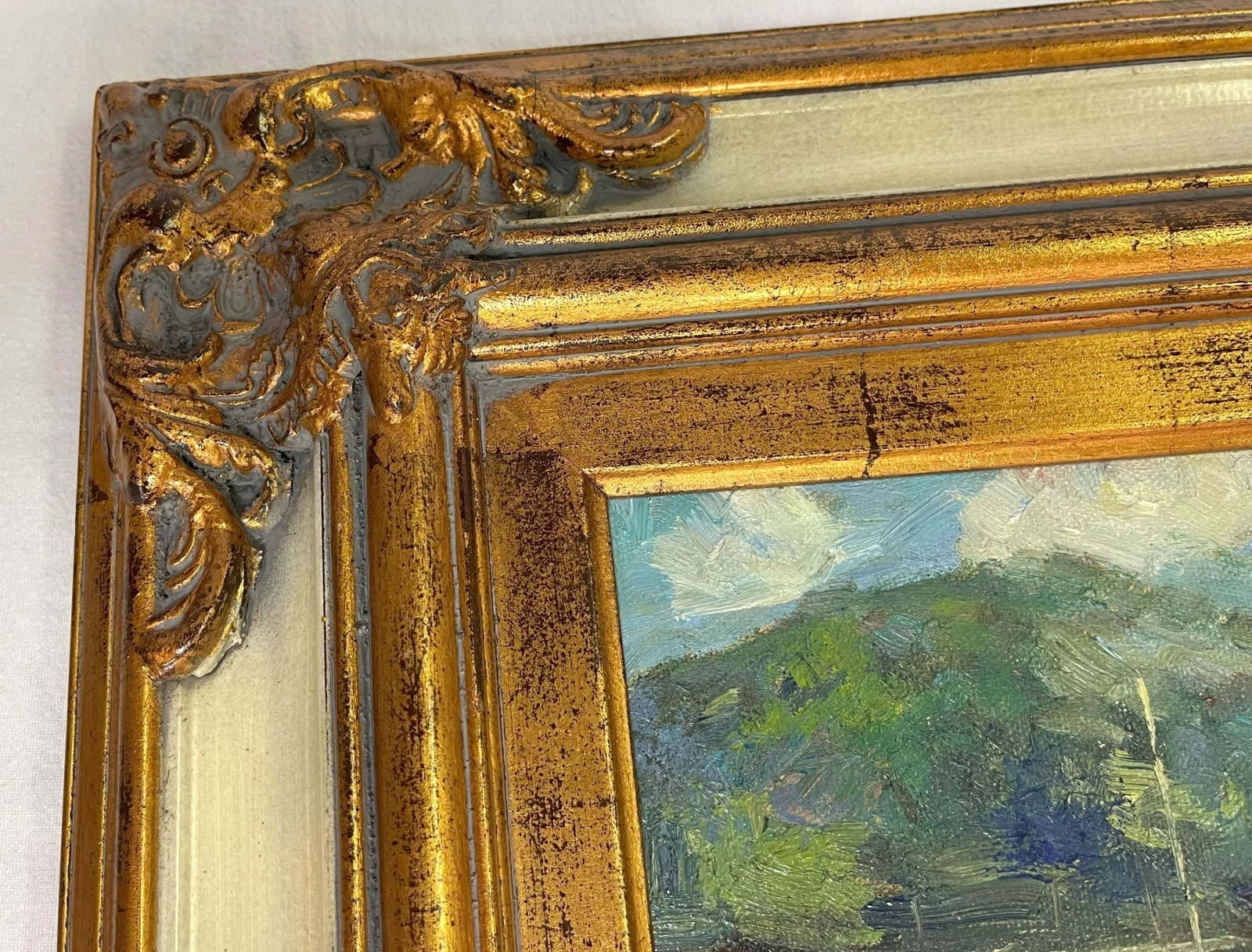 Original Signed 'LeBlanc' Framed Oil Painting on Canvas Depicting Hills and Harbor - 10