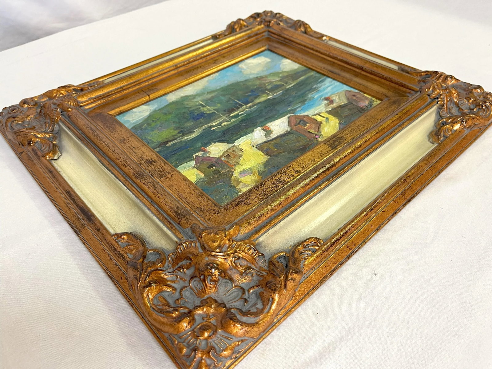 Original Signed 'LeBlanc' Framed Oil Painting on Canvas Depicting Hills and Harbor - 11