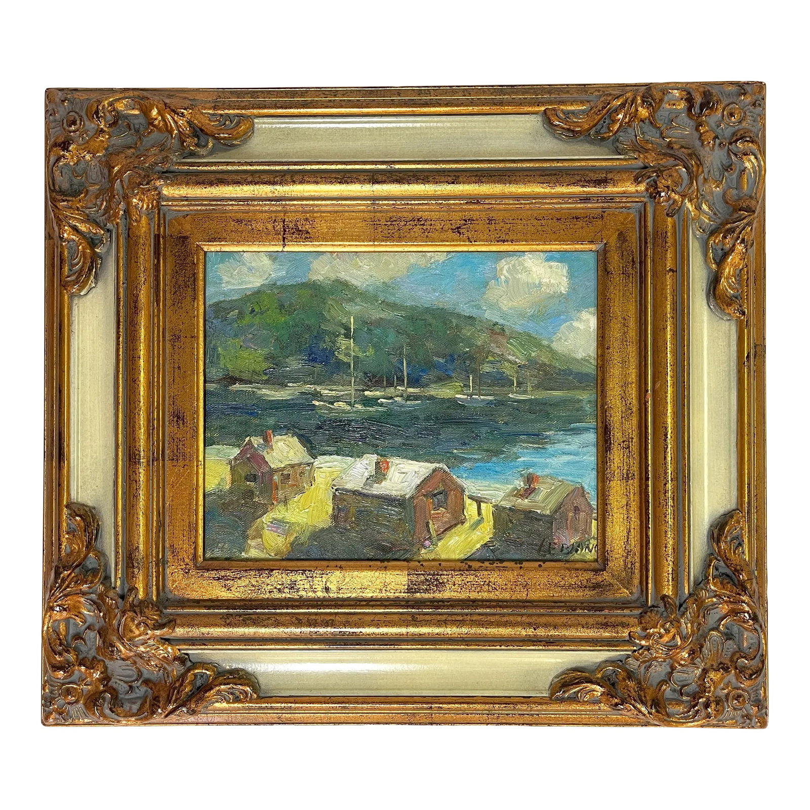 Original Signed 'LeBlanc' Framed Oil Painting on Canvas Depicting Hills and Harbor: Superb signed original oil painting by 'LeBlanc.' It is beautifully rendered in short quick brushstrokes and depicts a hillside on a harbor. It is signed in the bottom right corner. It's presented in