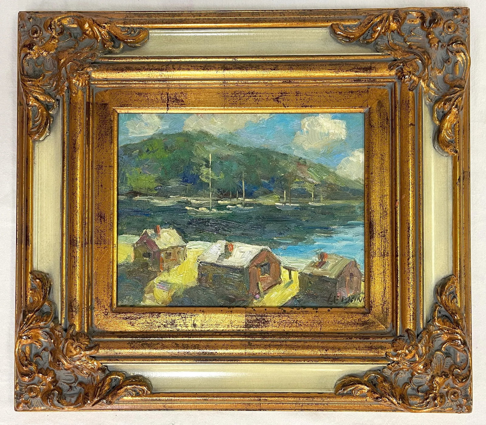 Original Signed 'LeBlanc' Framed Oil Painting on Canvas Depicting Hills and Harbor - 2