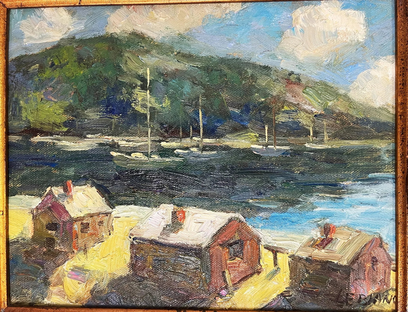 Original Signed 'LeBlanc' Framed Oil Painting on Canvas Depicting Hills and Harbor - 3