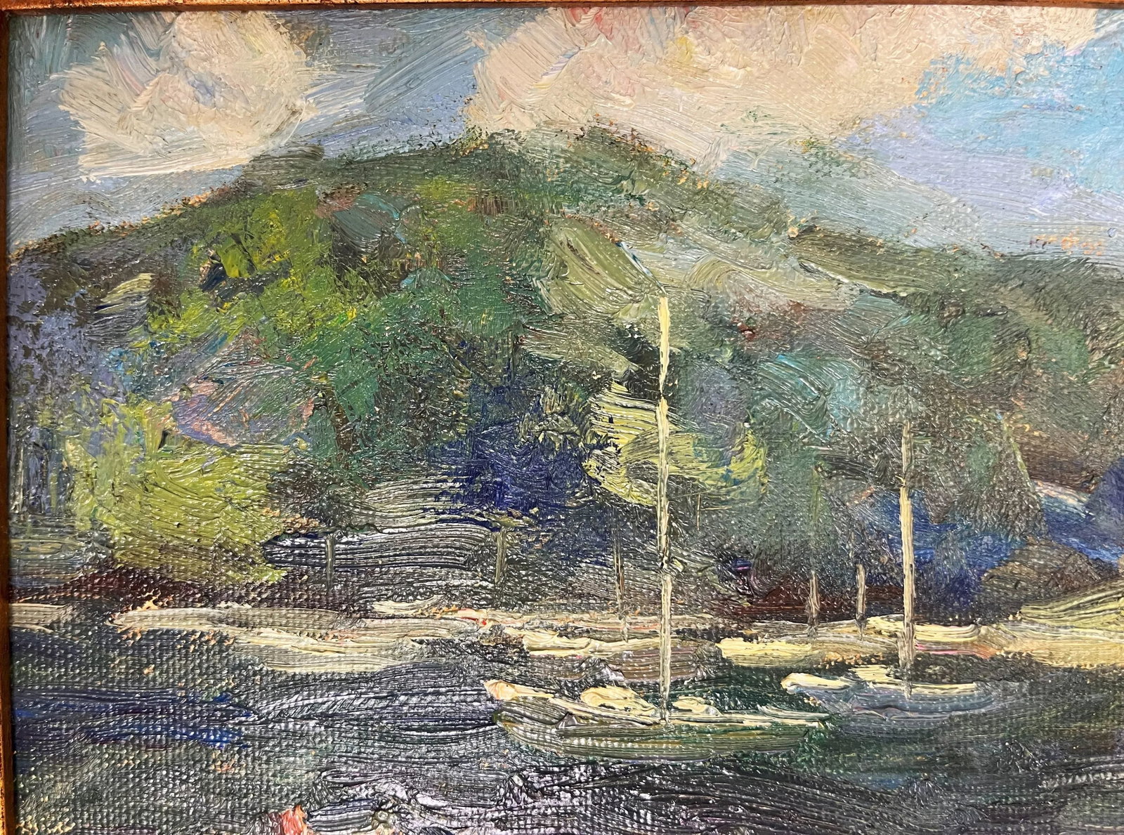 Original Signed 'LeBlanc' Framed Oil Painting on Canvas Depicting Hills and Harbor - 4
