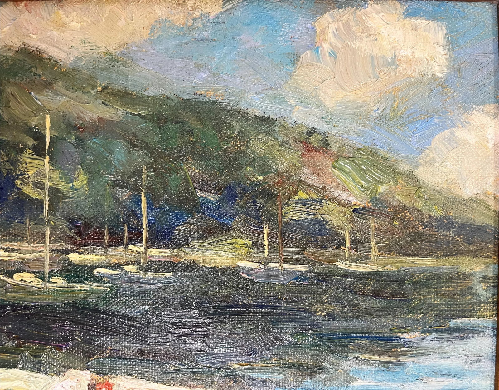 Original Signed 'LeBlanc' Framed Oil Painting on Canvas Depicting Hills and Harbor - 5