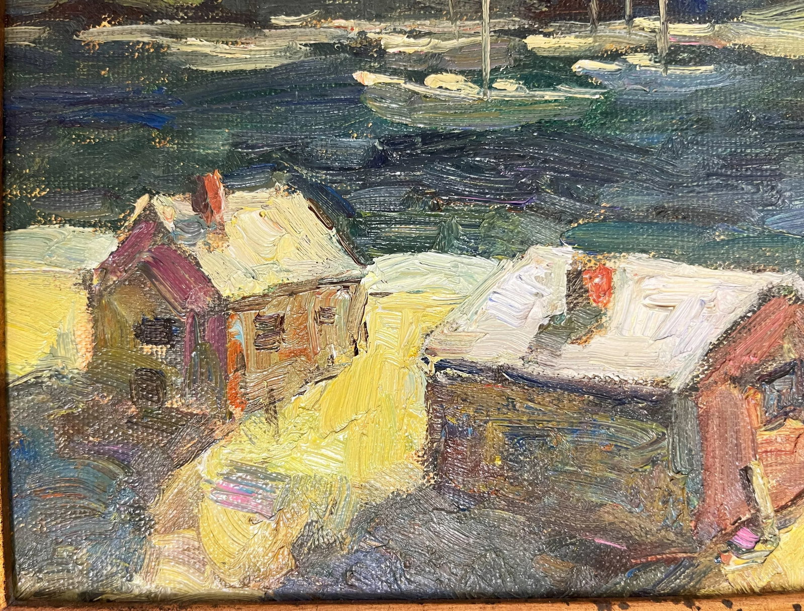 Original Signed 'LeBlanc' Framed Oil Painting on Canvas Depicting Hills and Harbor - 6