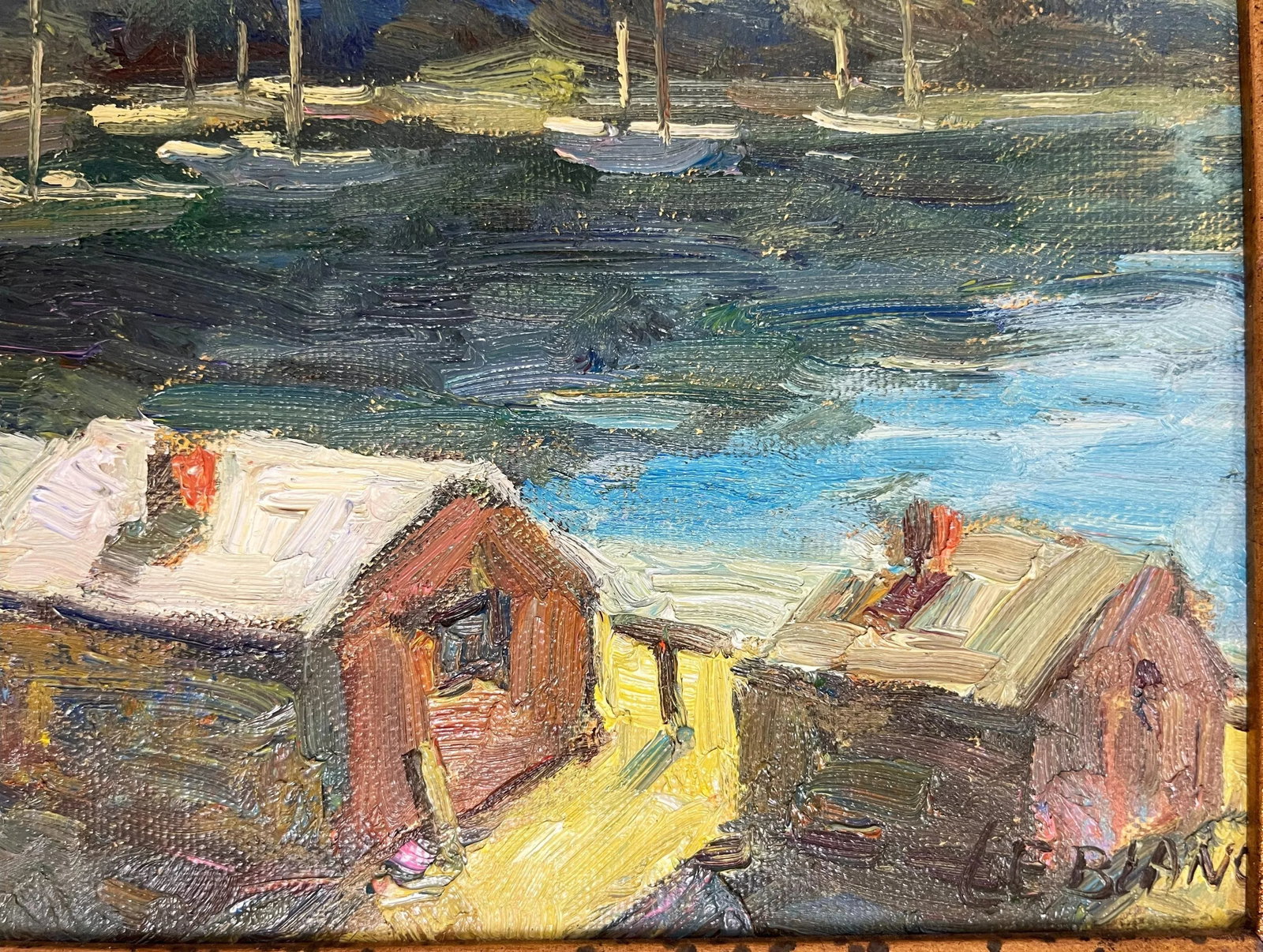 Original Signed 'LeBlanc' Framed Oil Painting on Canvas Depicting Hills and Harbor - 7