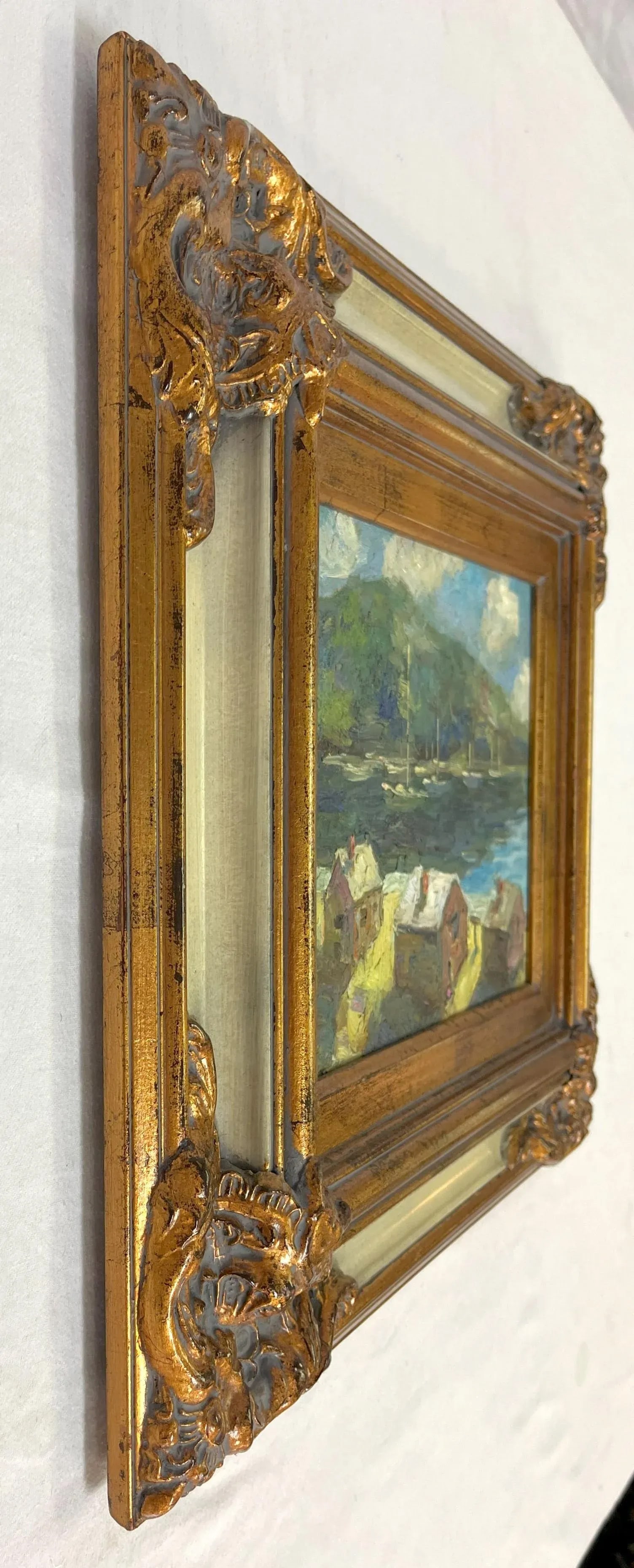 Original Signed 'LeBlanc' Framed Oil Painting on Canvas Depicting Hills and Harbor - 9