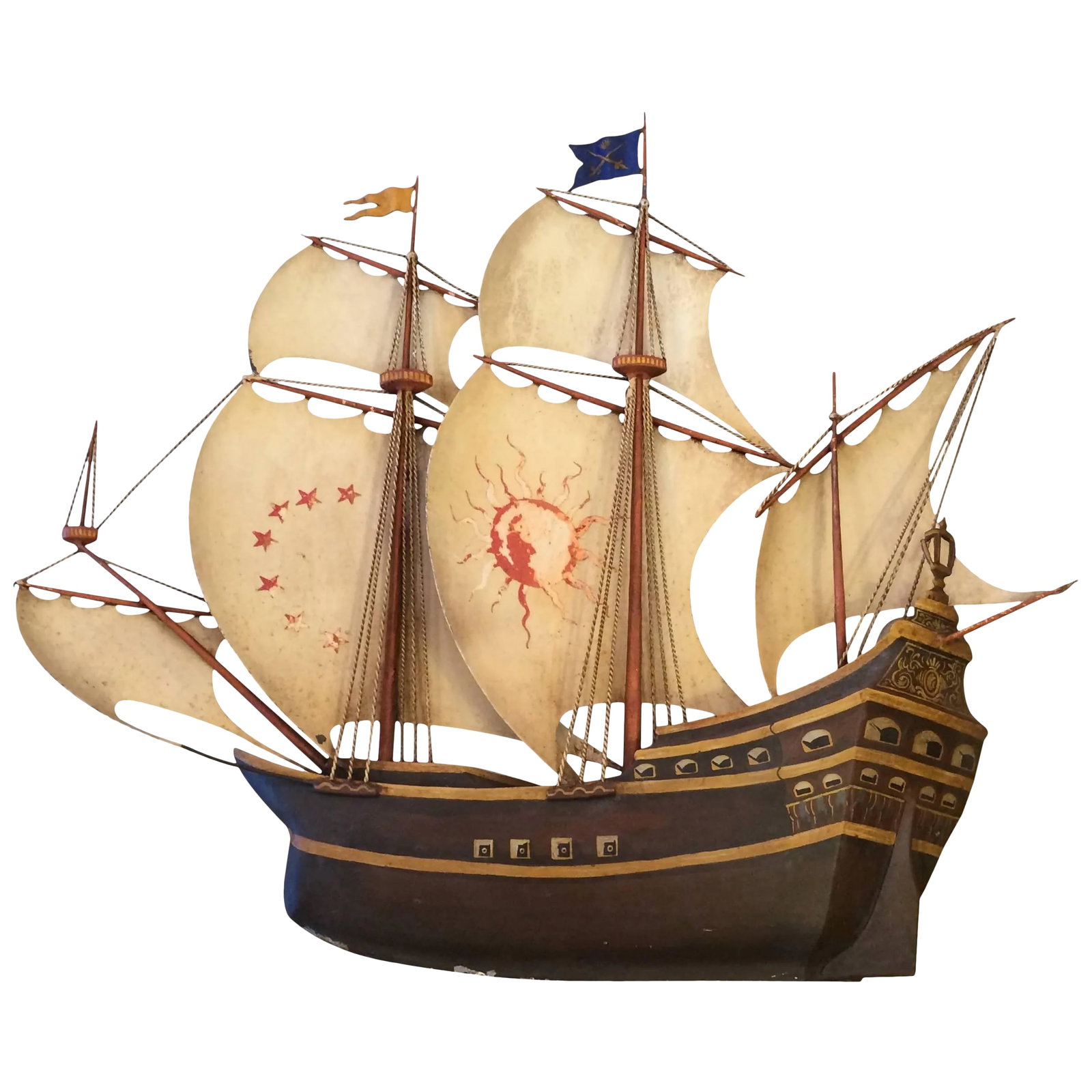 Mottahedeh Iron Nautical Ship Wall Sculpture: Full of nautical charm, an iron and tole painted wall sculpture of a multi sailed vessel with the moon, stars, flags and meticulous details. Condition: Alterations: Unknown Imperfections: Some