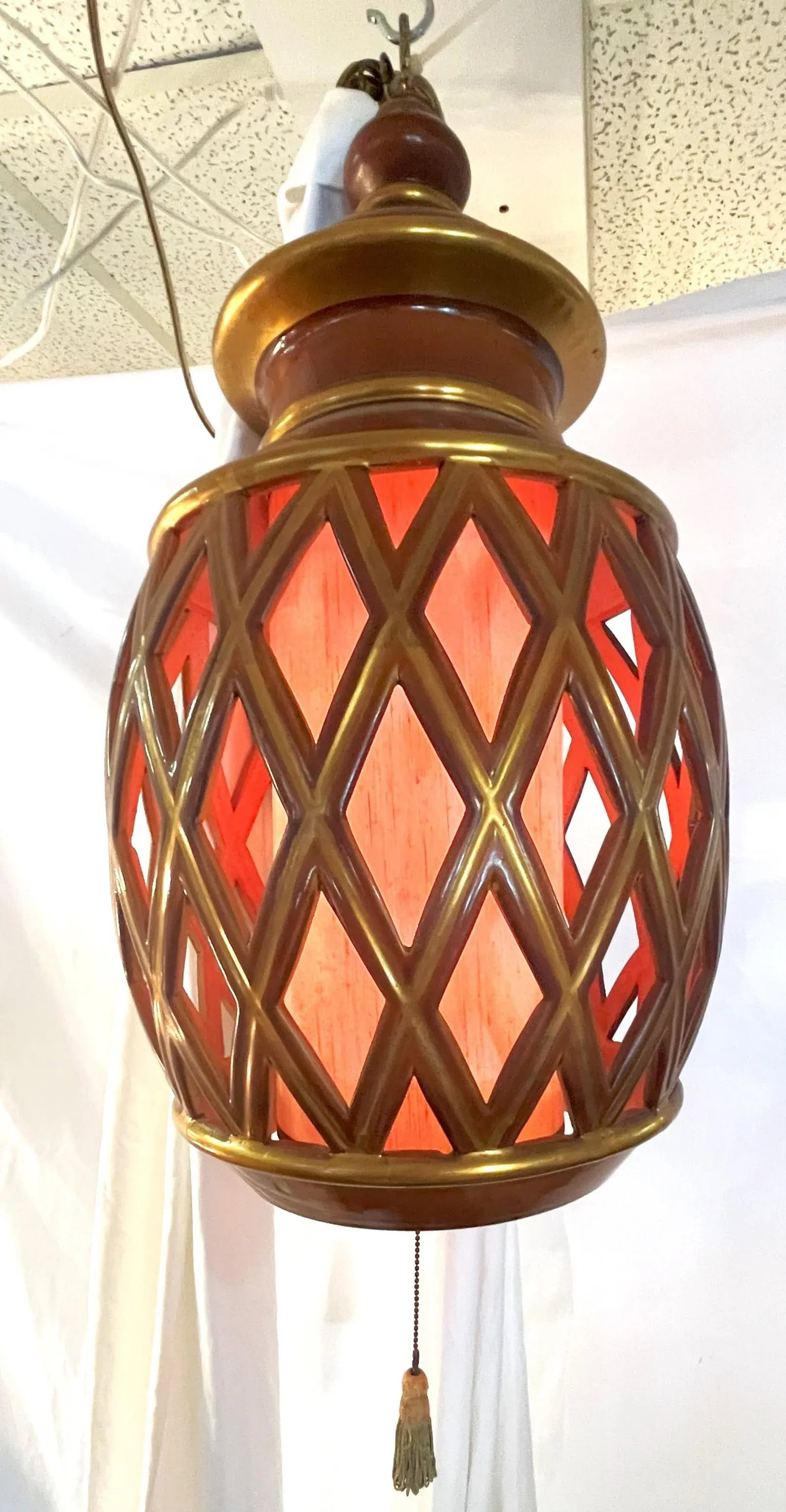 Mid Century Ceramic Electrified Lantern With Silk Inner Shade and Tassel Pull Cord - 2