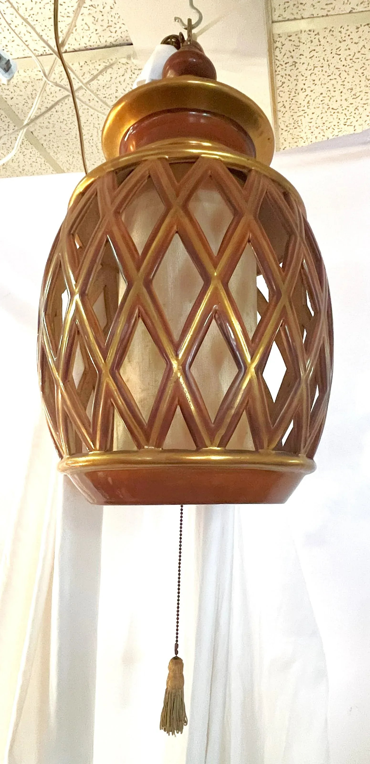 Mid Century Ceramic Electrified Lantern With Silk Inner Shade and Tassel Pull Cord - 3