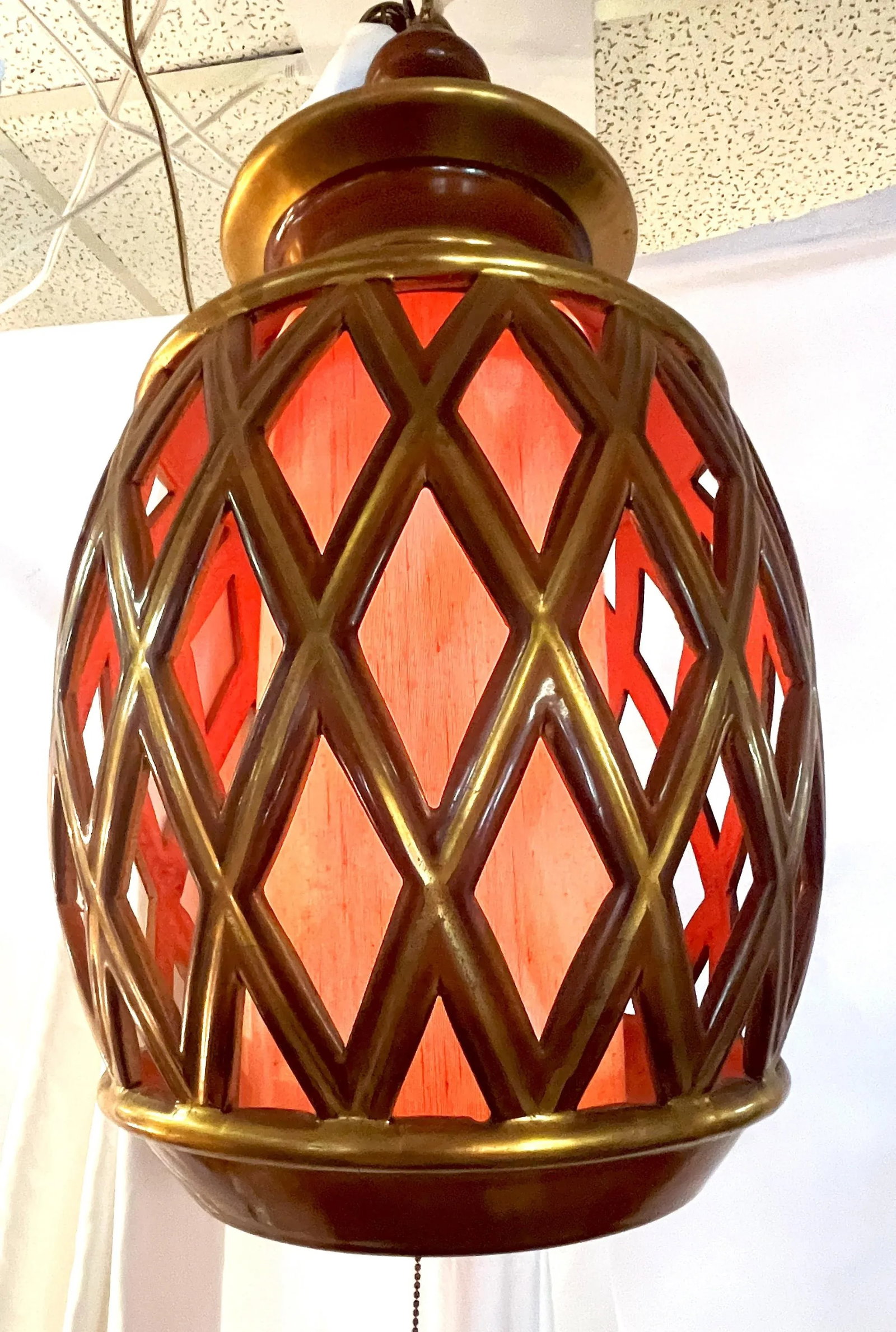 Mid Century Ceramic Electrified Lantern With Silk Inner Shade and Tassel Pull Cord - 4