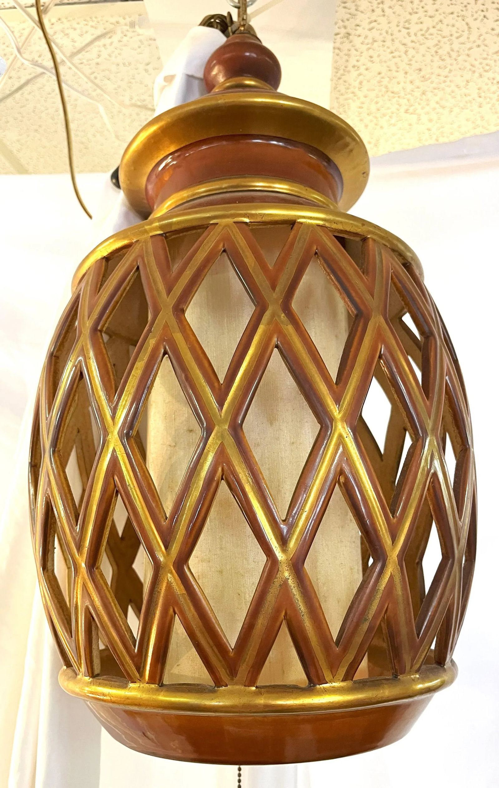 Mid Century Ceramic Electrified Lantern With Silk Inner Shade and Tassel Pull Cord - 5