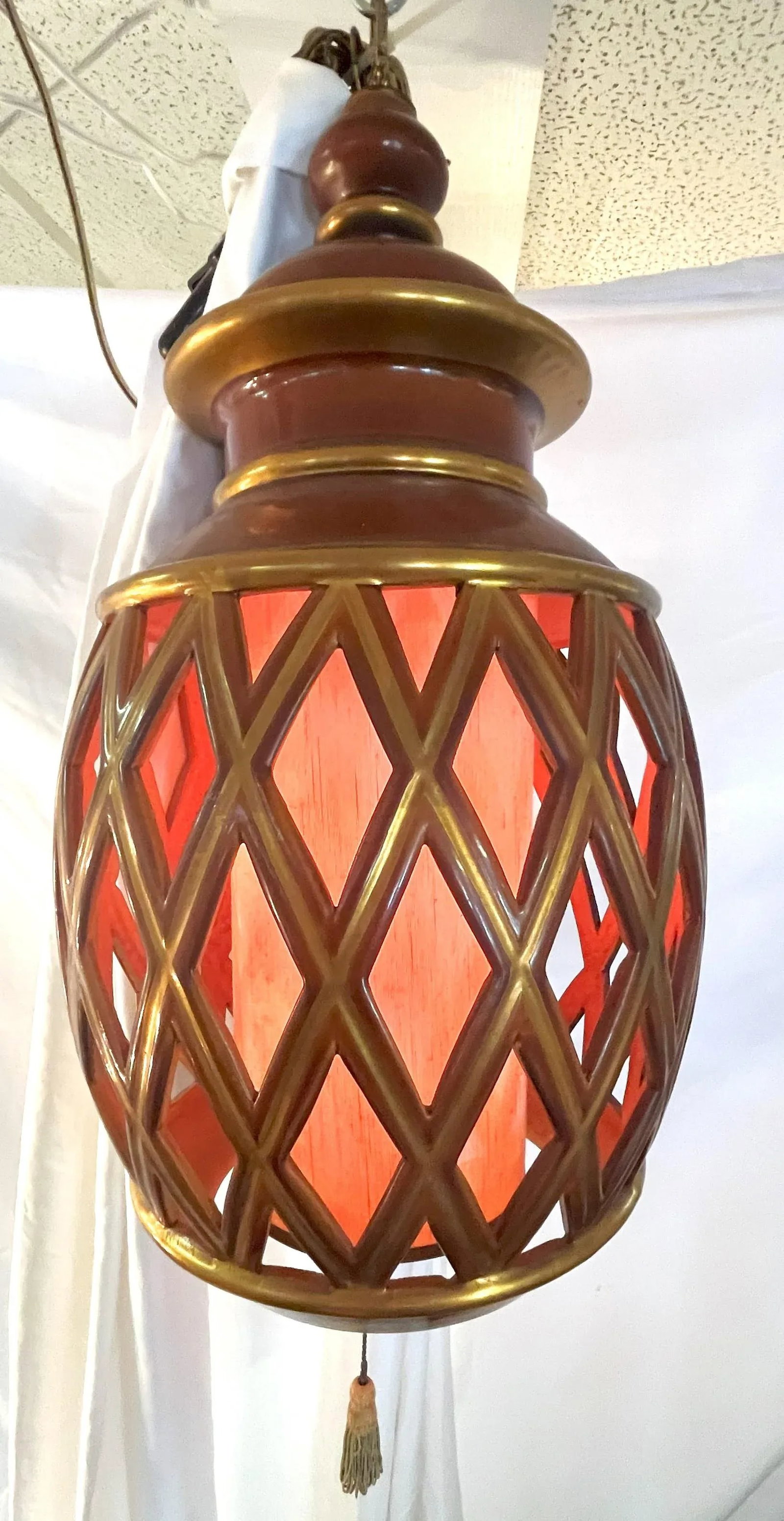 Mid Century Ceramic Electrified Lantern With Silk Inner Shade and Tassel Pull Cord - 8