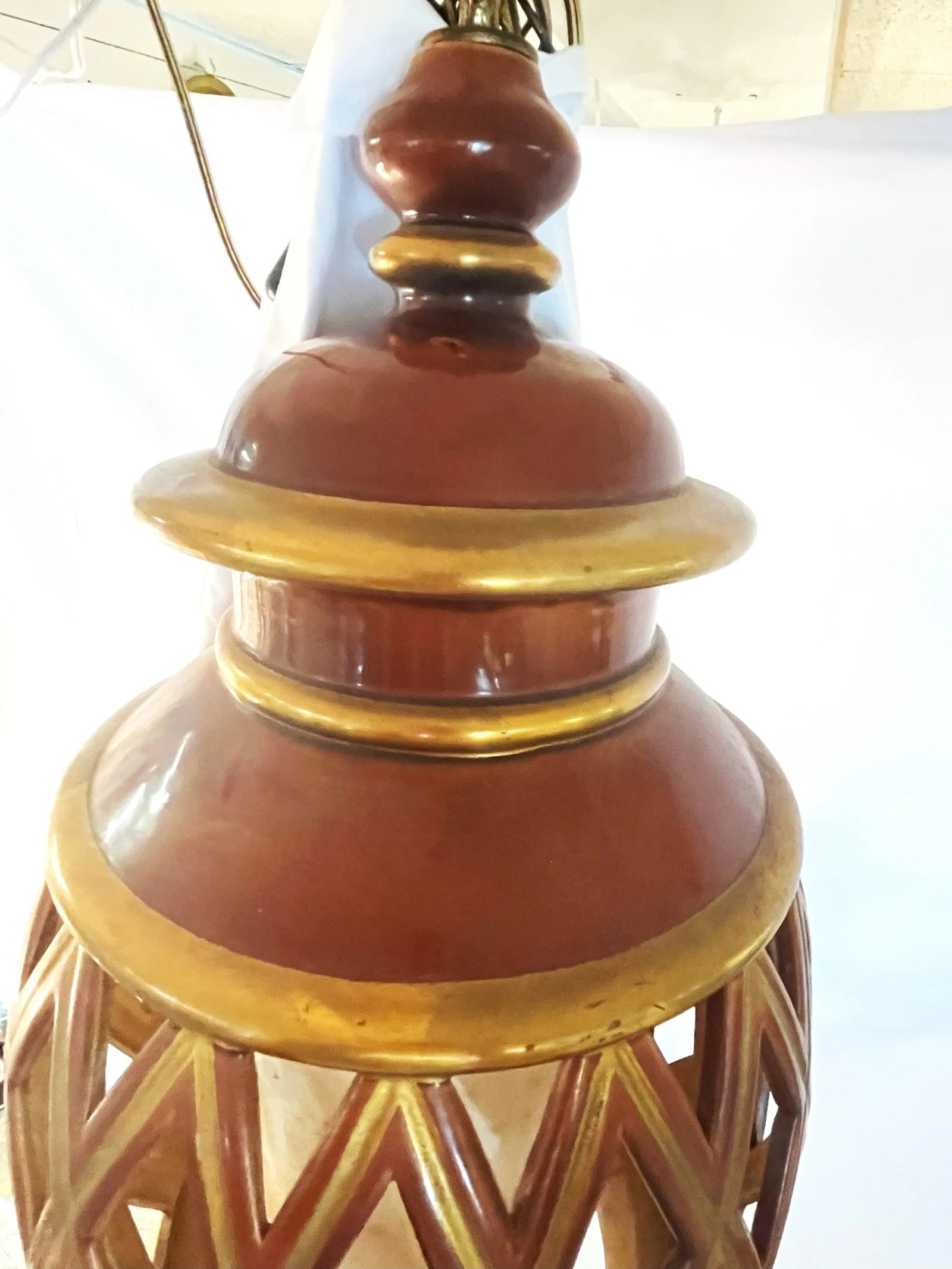 Mid Century Ceramic Electrified Lantern With Silk Inner Shade and Tassel Pull Cord - 9