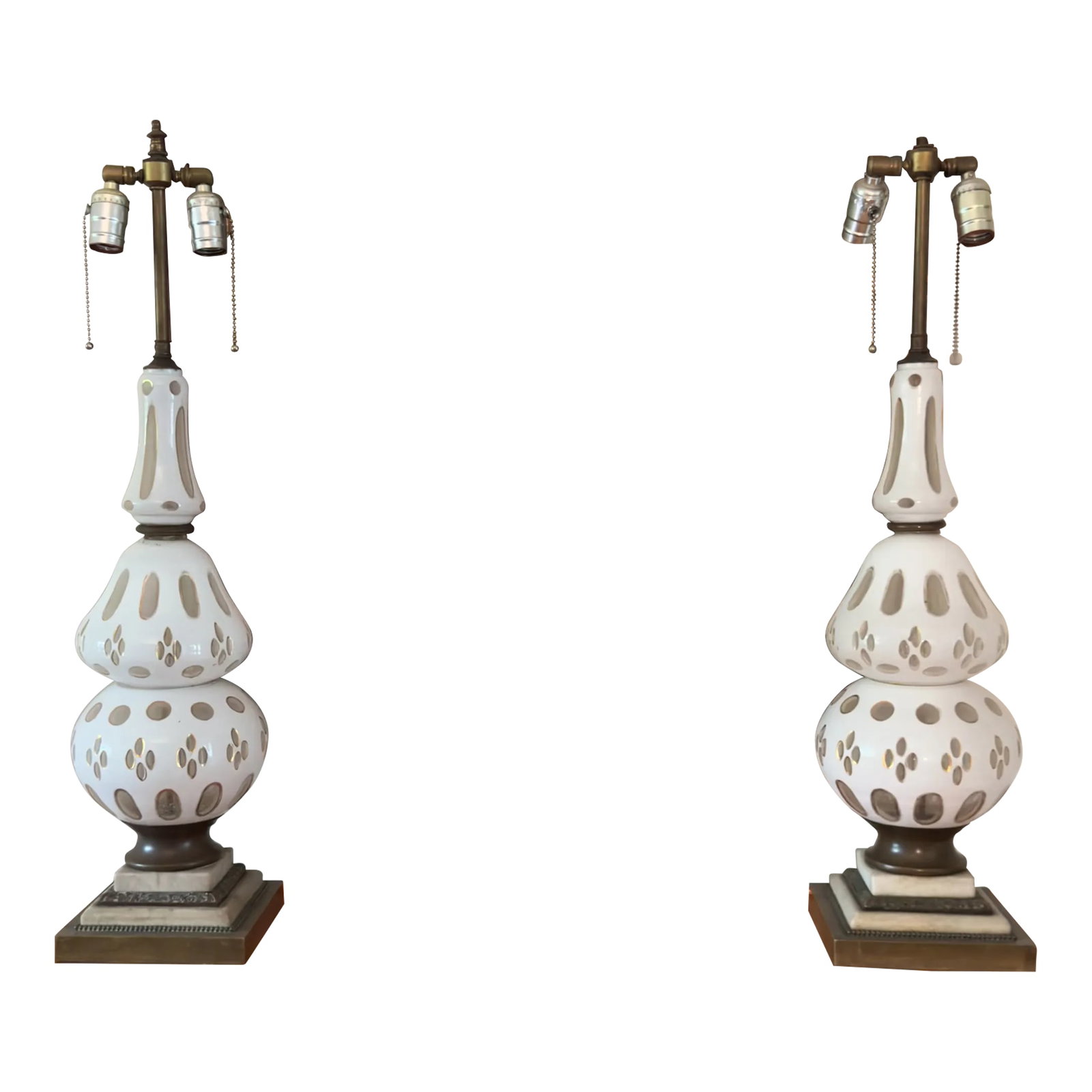 Pair of Antique Hand-Blown Glass Double Gourd Lamps – Rewired: Pair of Antique Hand-Blown Glass Double Gourd Lamps – Rewired Embrace timeless elegance with this stunning pair of antique double gourd lamps. Hand-blown from high-quality glass, each lamp