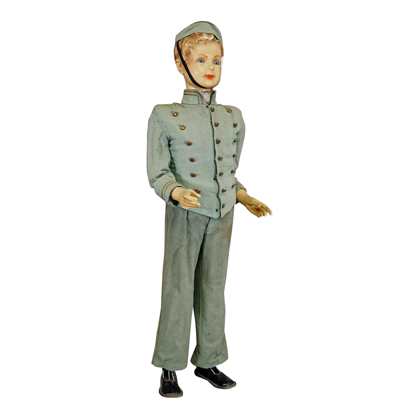 1930s Antique Hotel Page Automaton: 1930s Antique Hotel Page Automaton An antique hotel page automaton manufactured by P. Stokvis, Den-Haag - Netherlands ca. 1930s. A young boy in hotel page costume made of paper-mâché, wood,