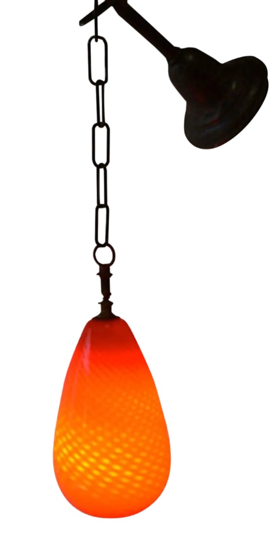 Italian Art Glass Pendant Chandelier Attributed to Venini: Italian art glass pendant shade, tomato red, with controlled bubble inclusions. Probably by "Venini". Measure: Total drop including chain 22.5". Condition: Alterations: Original Condition Unaltered