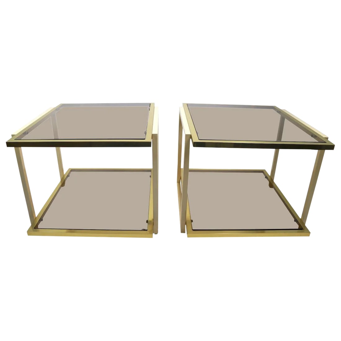 Smoked Glass and Brass Tables by Tommaso Barbi - a Pair: Nice pair of small rectangular tables with brass and cream metal frames, and smoked glass tops (one glass shelf has a minor flaw pictured). Great style and design, very good original condition, clean 