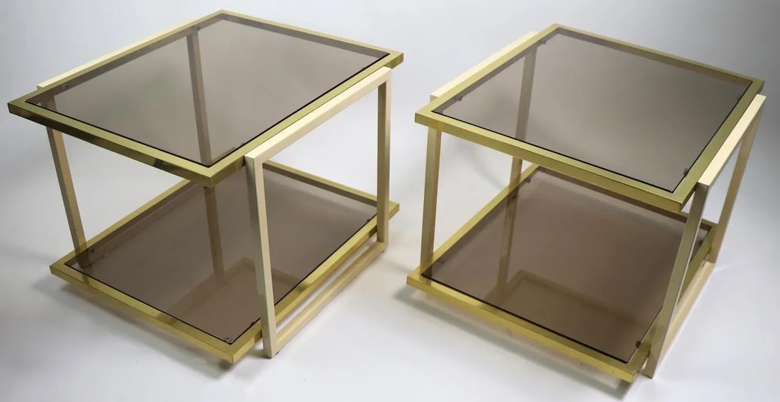 Smoked Glass and Brass Tables by Tommaso Barbi - a Pair - 3