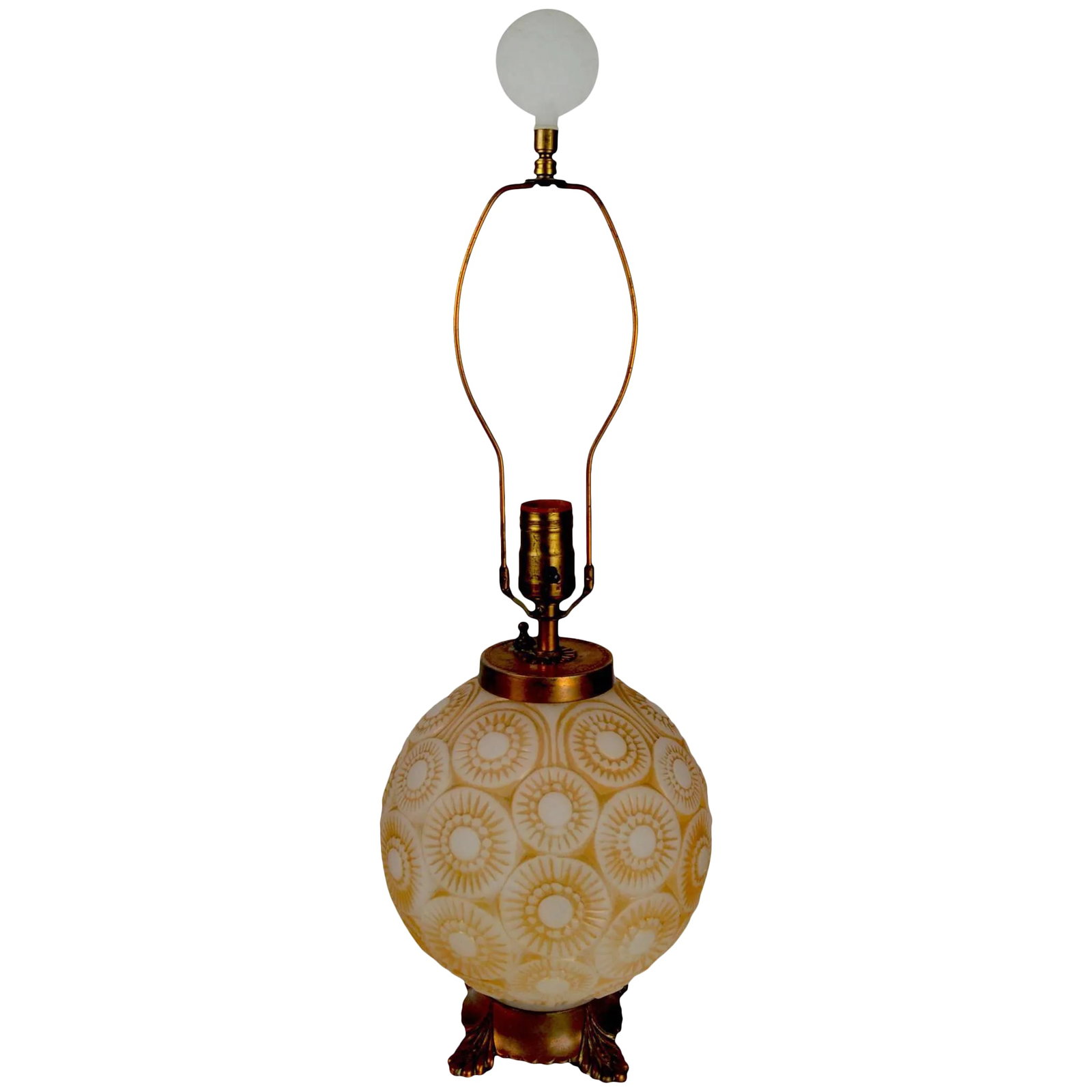 Art Deco Lamp After Lalique: Ball form glass body lamp, probably by the Phoenix Glass Company, in the style of Lalique. The ball form body can be illuminated, and or the top bulb can be lit. Currently in in original wiring, and