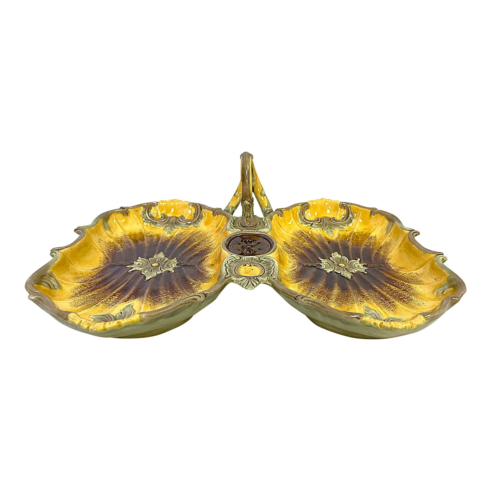 Vintage English Majolica Separated Serving Dish With Handle: Lovely and large hand painted English majolica serving tray. It has two separated attached bowls with a handle, and is finished with yellow, green and brown glazes. There is no maker's mark. The