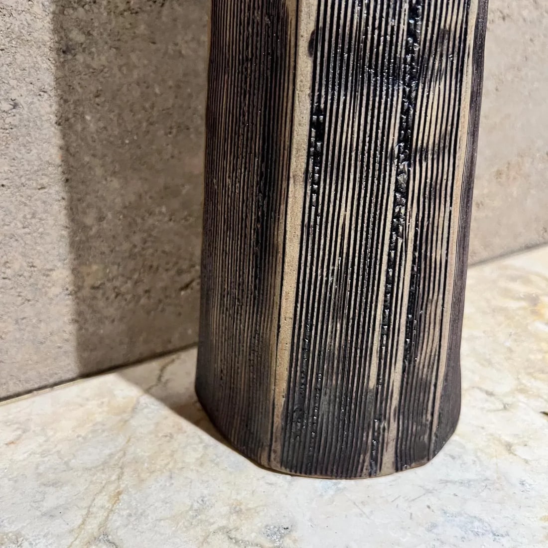 Elongated Modern Textured Vase Art Pottery Black & White - 4
